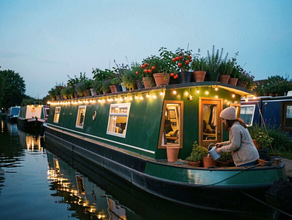 FLUX.2 Klein 9B: a woman with a watering can on the stern of a green narrowboat with a rooftop garden and string lights