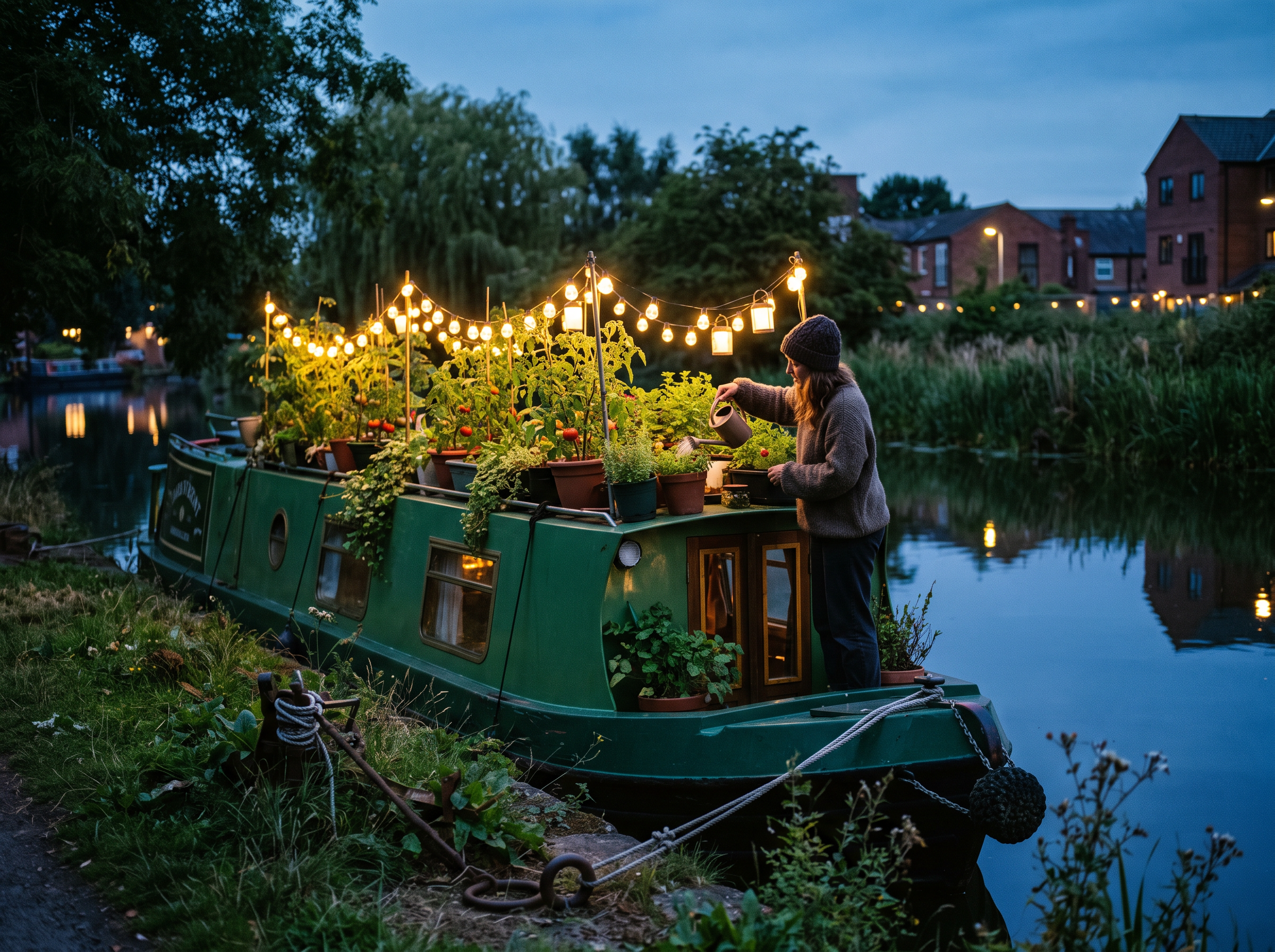Nano Banana 2.1: a woman waters tomatoes on a narrowboat roof as lights reflect in the canal