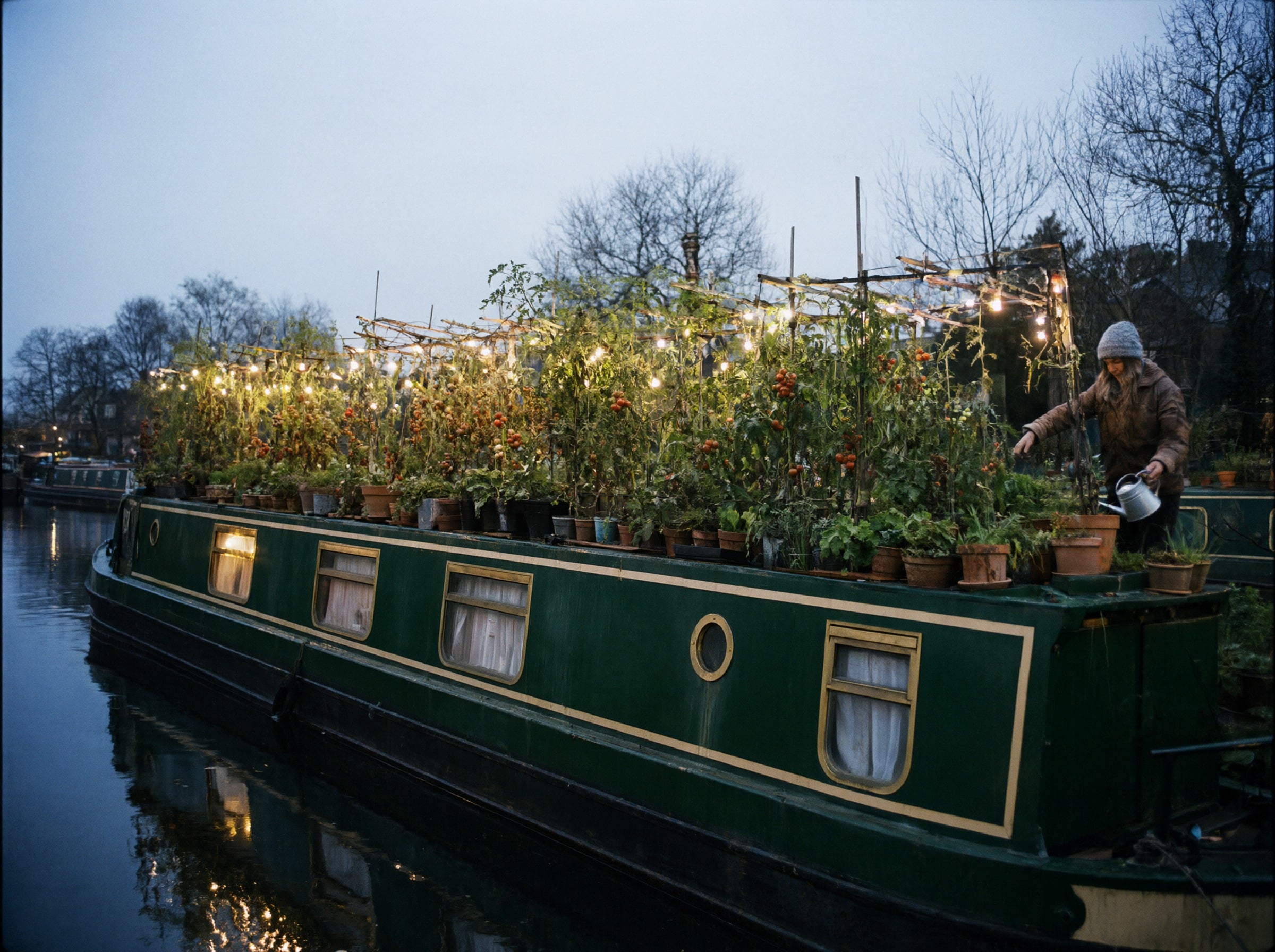 Qwen Image 2.1: a narrowboat roof overflowing with tomato plants under string lights