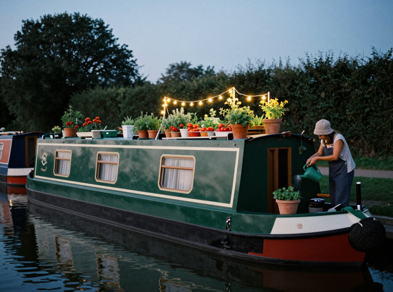 Z-Image Turbo: a woman with a watering can on the deck of a green narrowboat lit with string lights