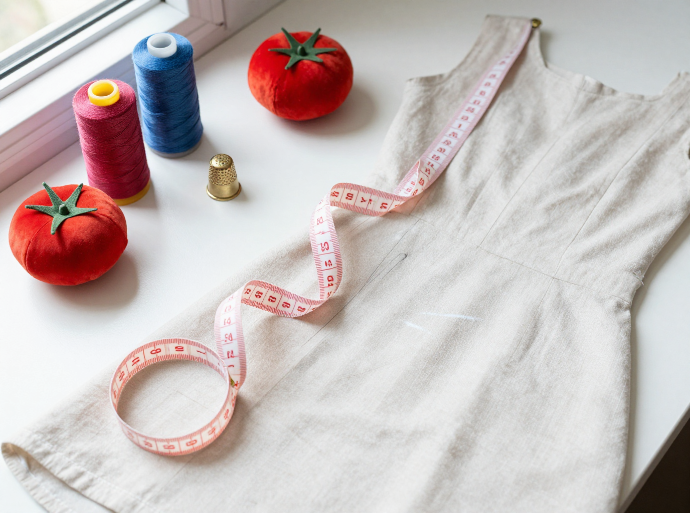 A dressmaker's worktable with spools of thread, tomato pincushions, a thimble and a tape measure across a linen dress