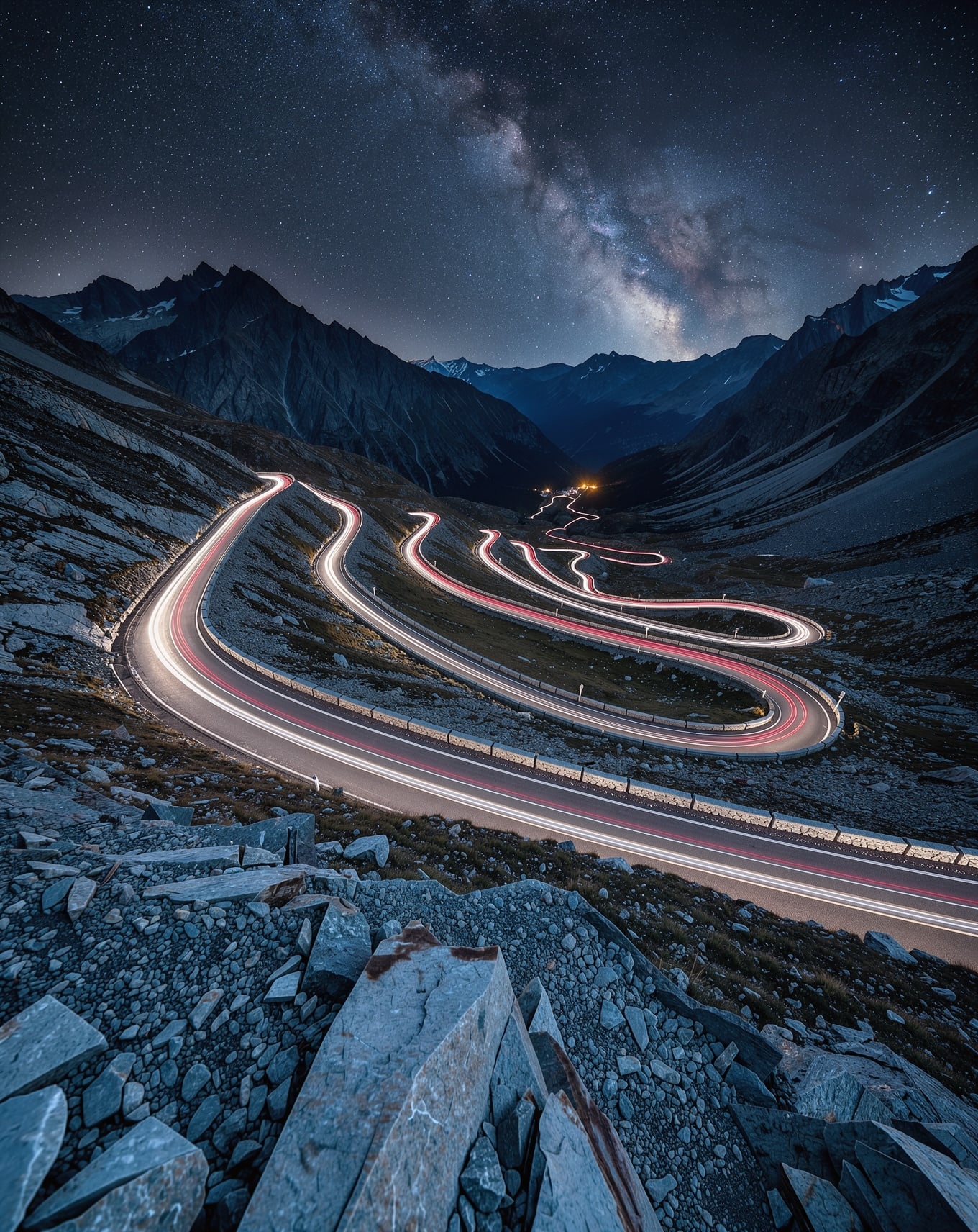 Car light trails trace a switchback mountain road under the Milky Way