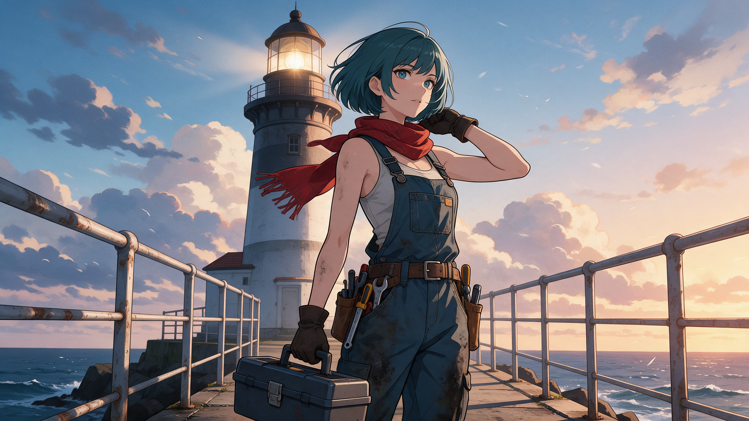 Step 1: an anime lighthouse mechanic with a toolbox stands on a seaside pier at sunset