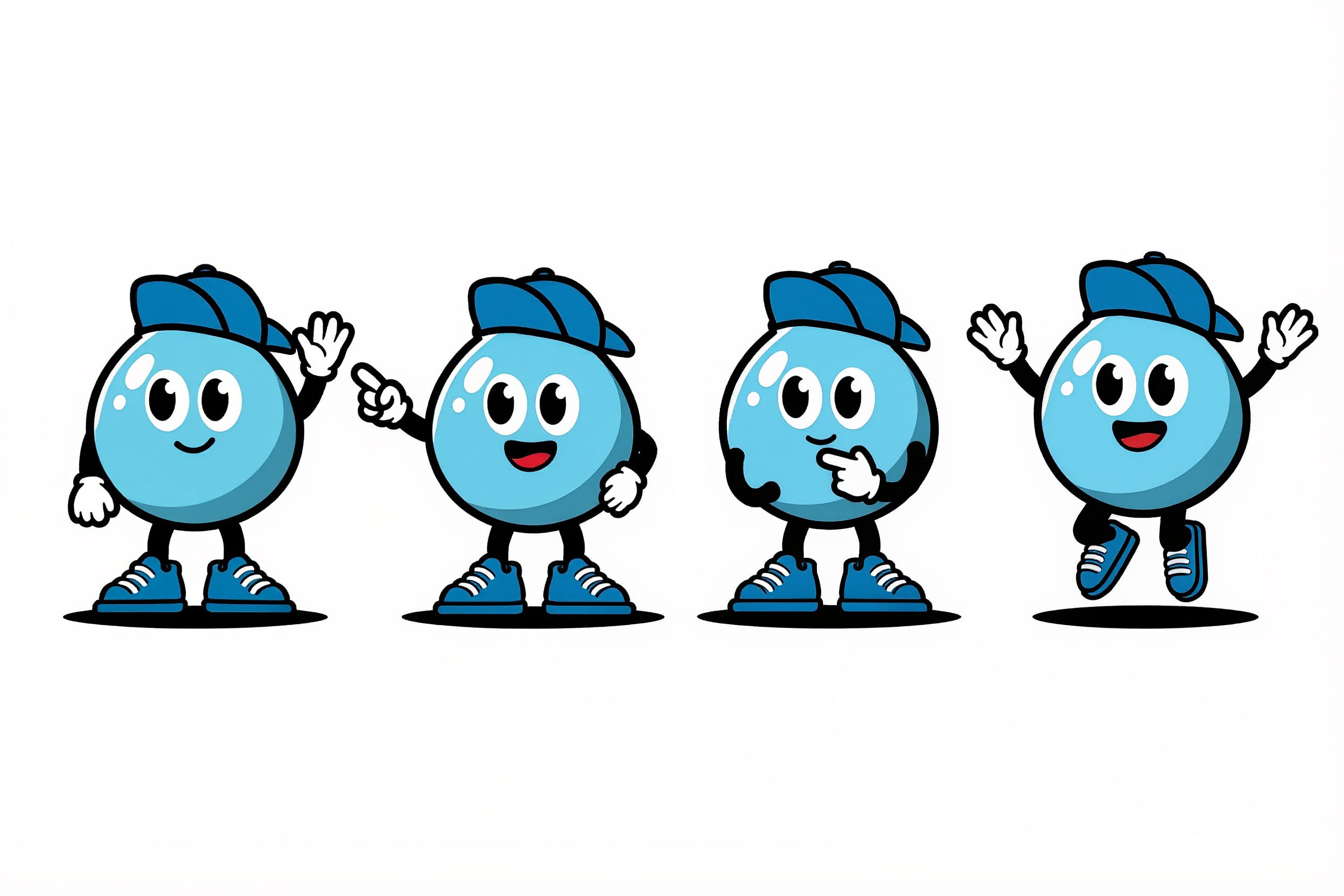 A cheerful blue water droplet mascot in a cap and sneakers shown waving, pointing, thinking and jumping