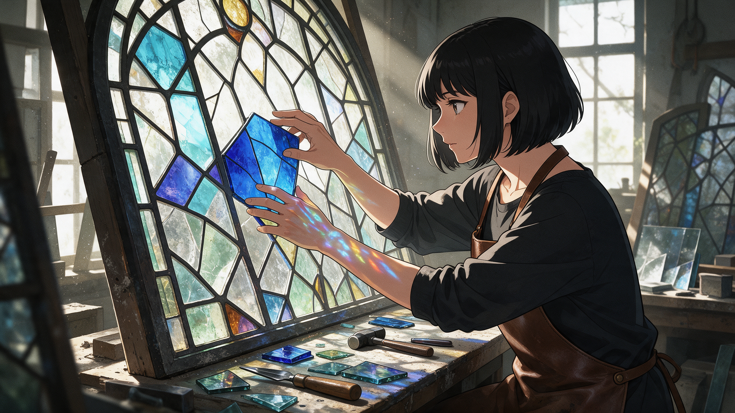 An anime stained glass restorer with a black bob fits a blue glass piece into an arched window as colored light falls on her hands