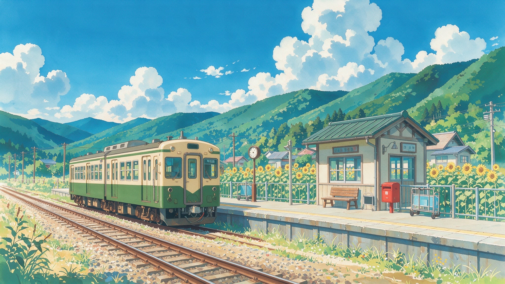 Anime background art of a small mountain railway station in summer with a two car train and sunflowers