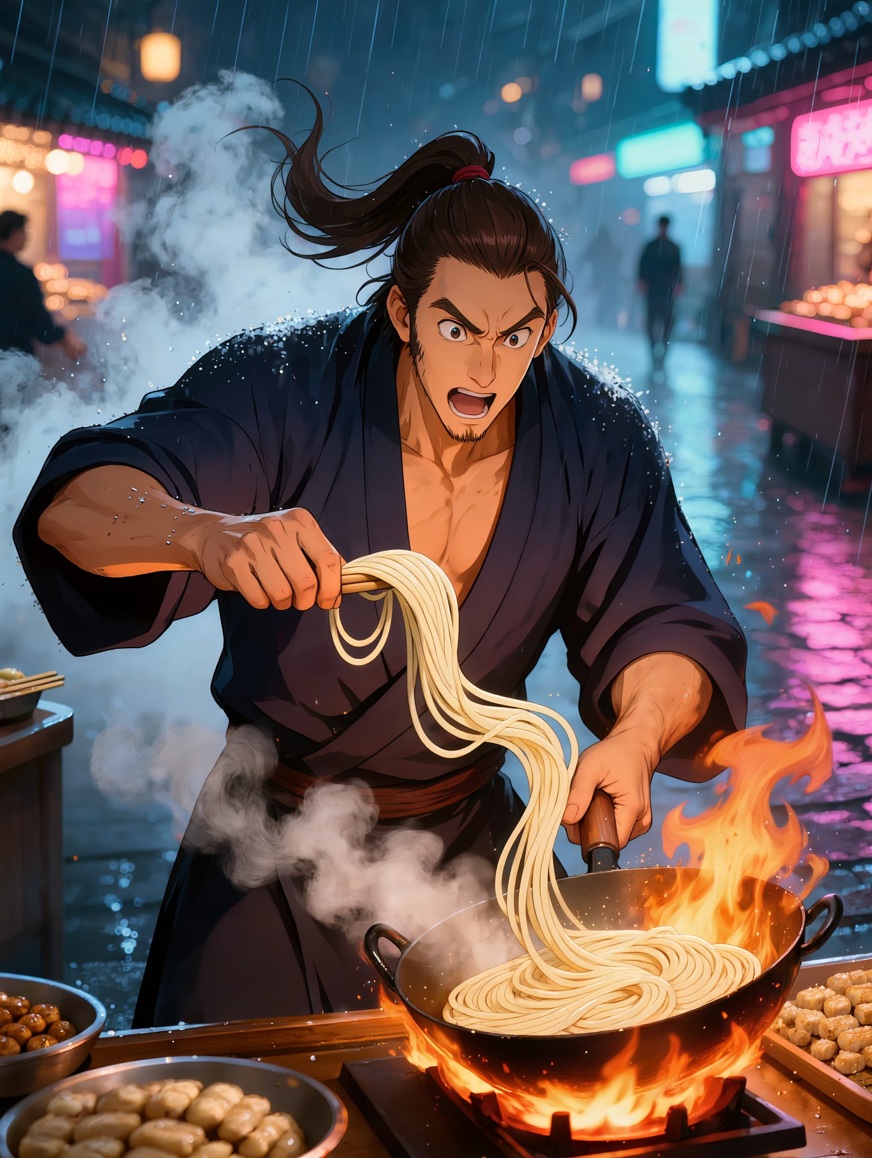 Kling Image: an anime chef shouts as he lifts noodles high above a flaming wok