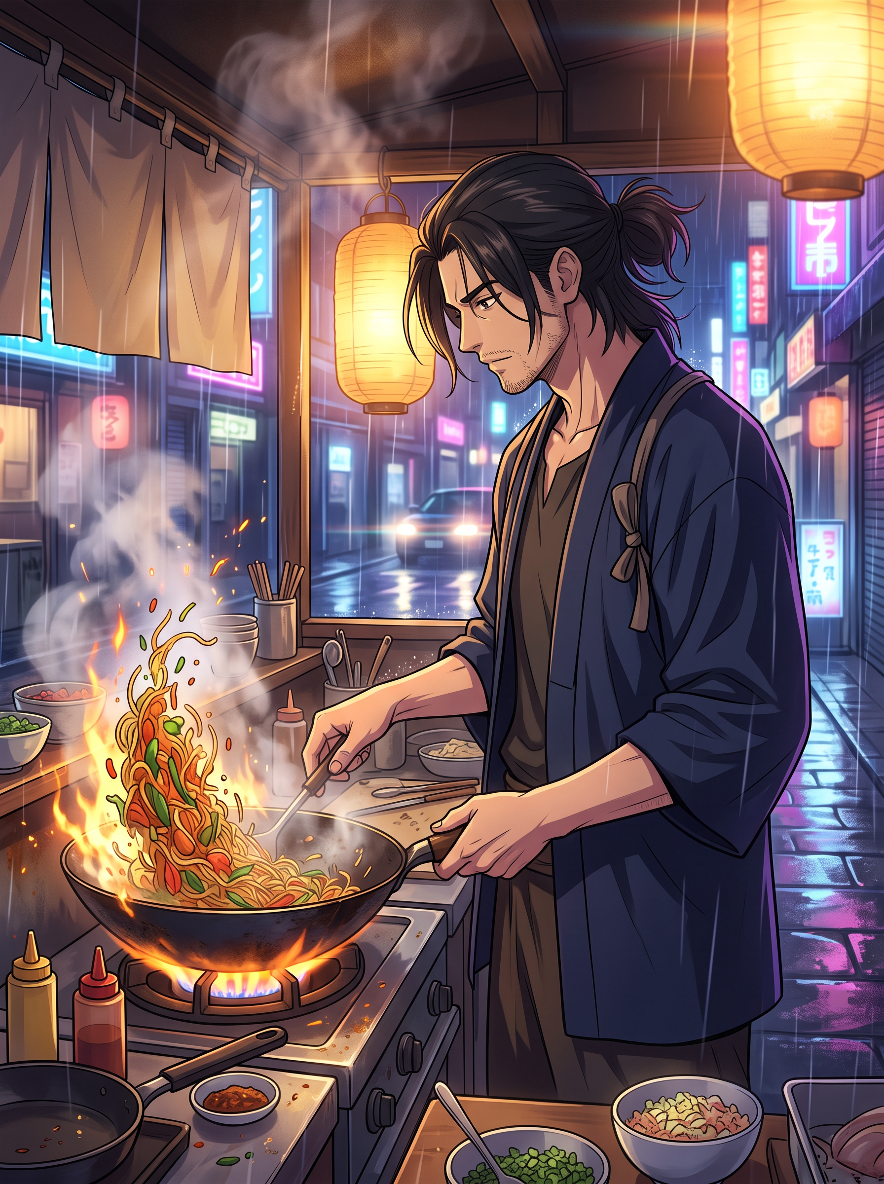 Nano Banana 2.1: an anime chef stir fries noodles under paper lanterns at a busy night stall
