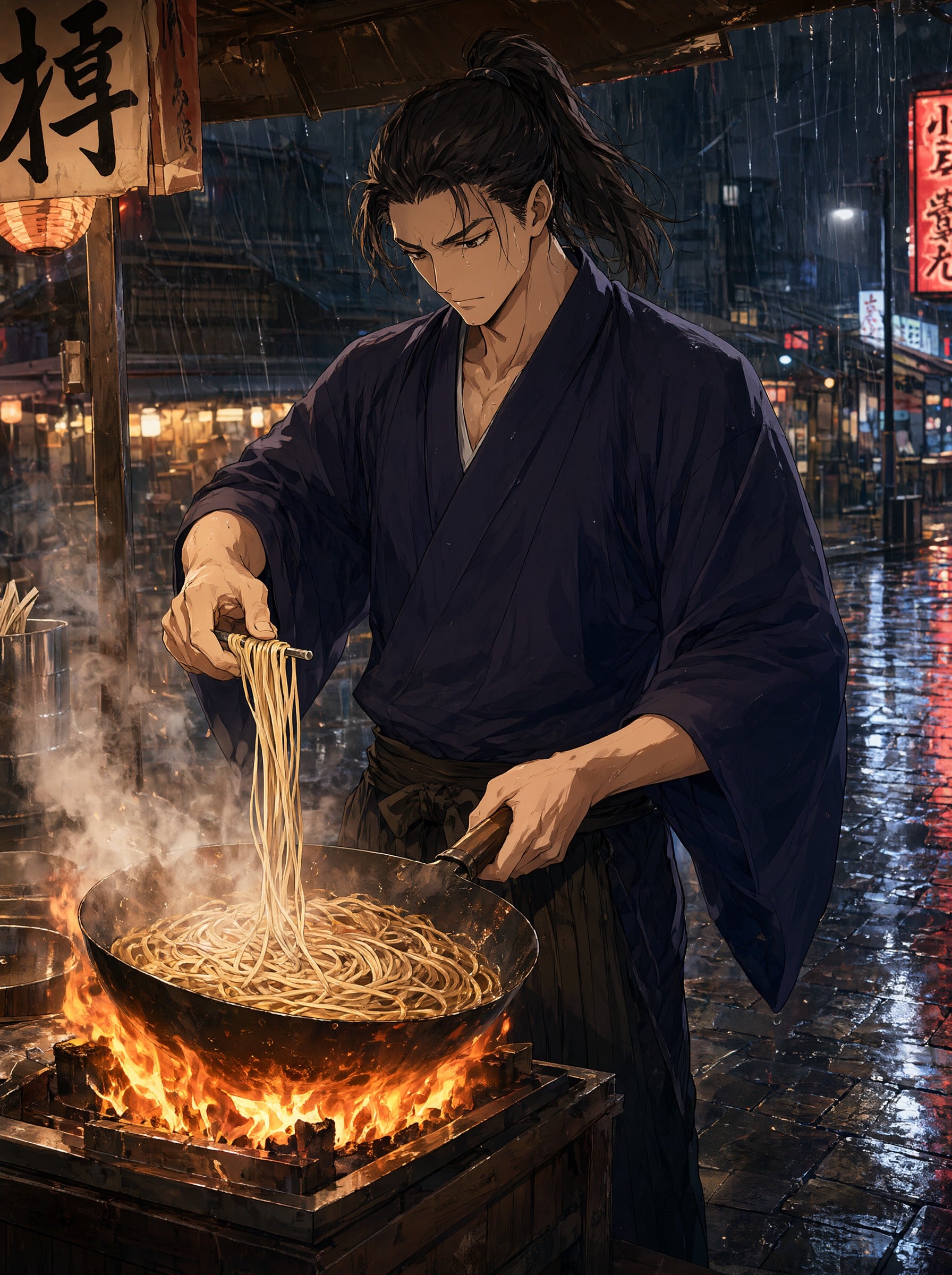 Qwen Image 2.1: an anime chef lifts noodles from a wok in heavy rain at night