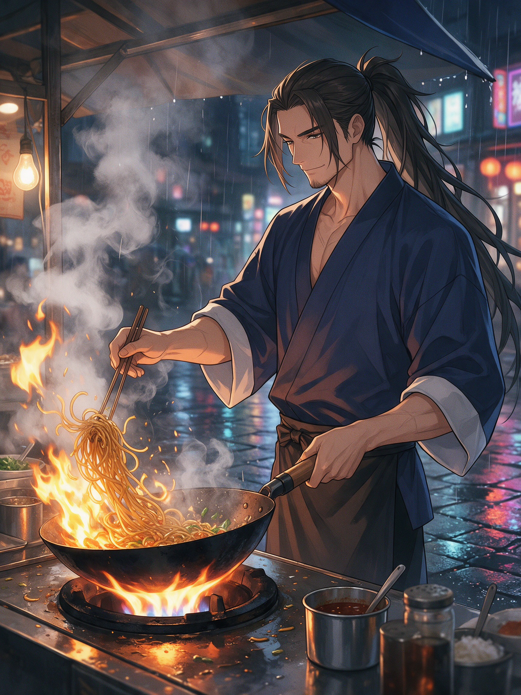 Seedream 5: an anime chef with a long ponytail over a flaming wok at a rainy night stall
