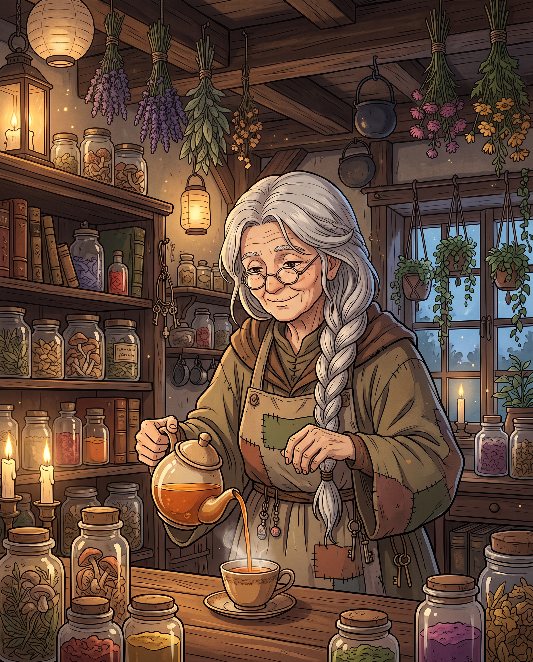 An anime portrait of an elderly witch with a silver braid pouring tea in her cluttered herb shop