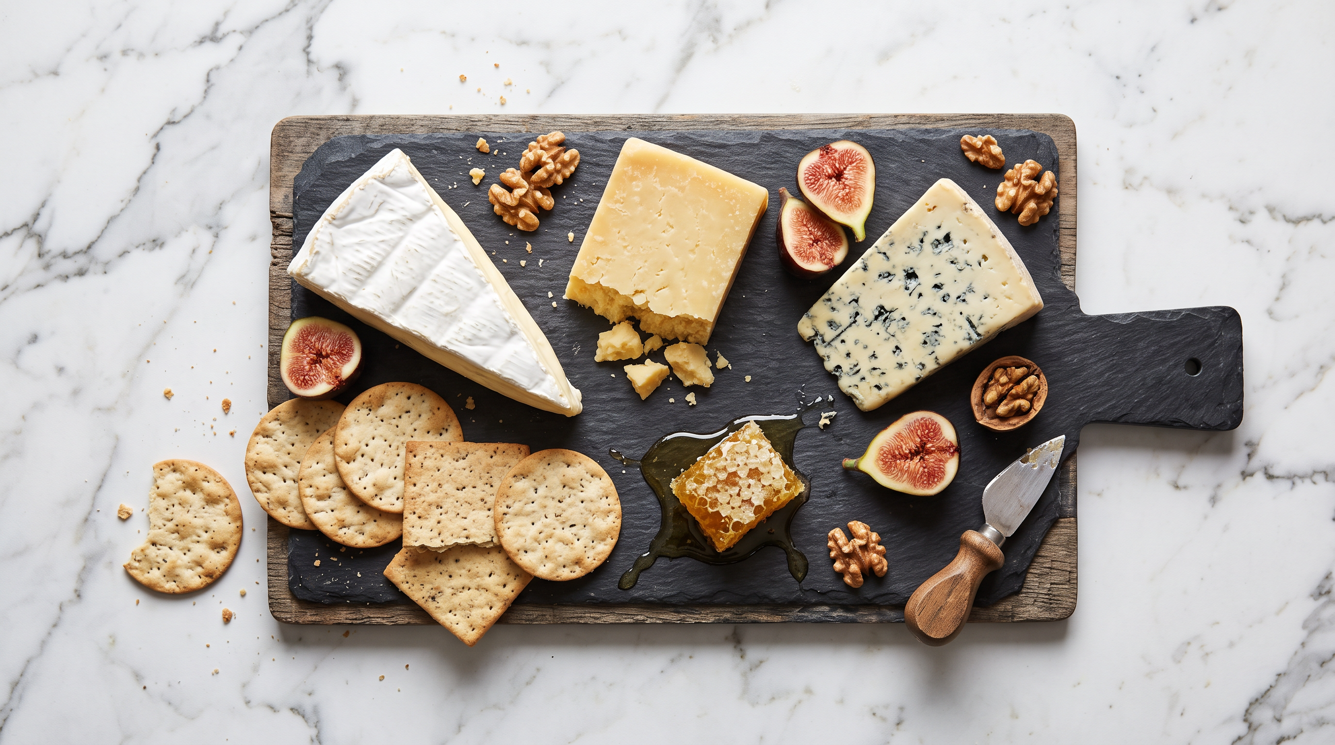 The board photo: three cheeses, honeycomb, figs, walnuts and crackers on a slate board