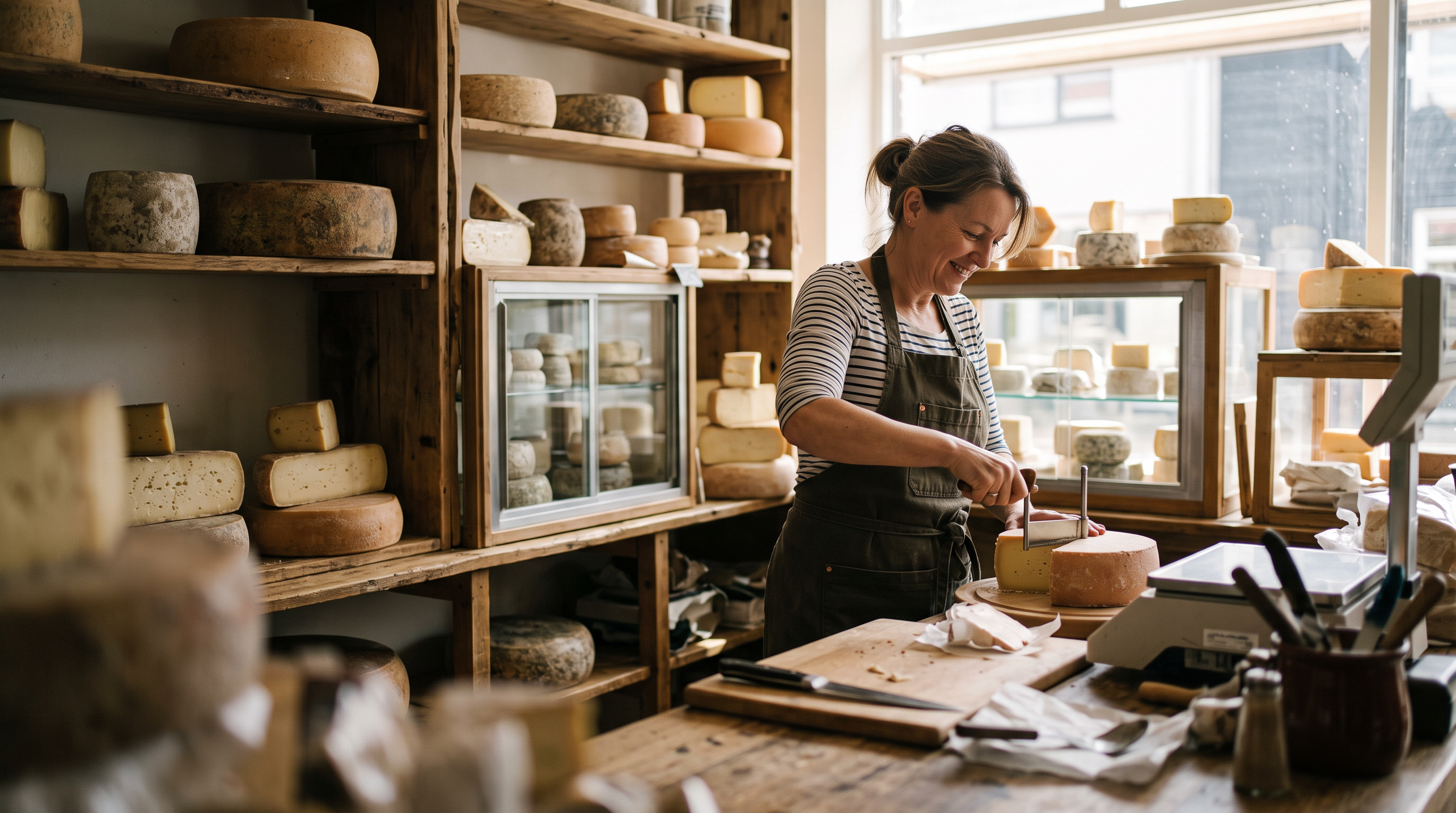 The counter photo: a cheesemonger in a striped apron slices a wheel in a shop lined with cheese