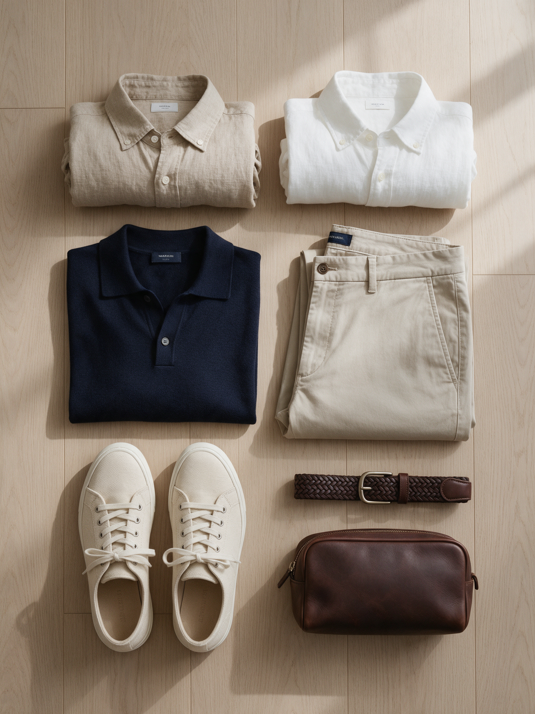 An overhead flat lay of a travel capsule wardrobe: linen shirts, a navy knit, chinos, white sneakers, a woven belt and a leather bag