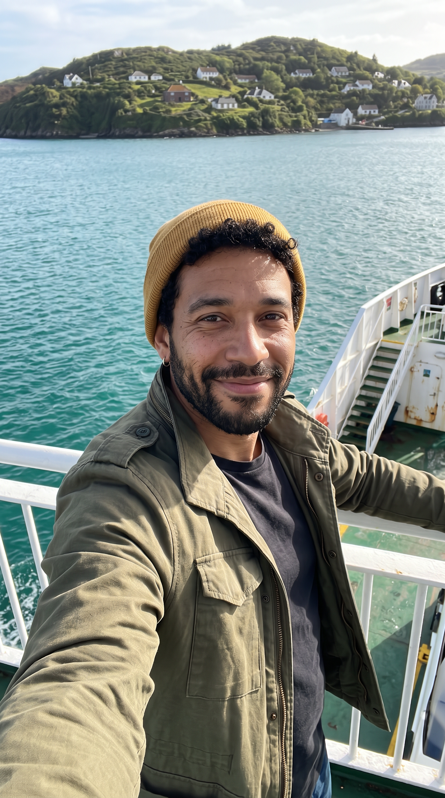 Theo takes a smiling selfie on a ferry deck with a green island and turquoise water behind him