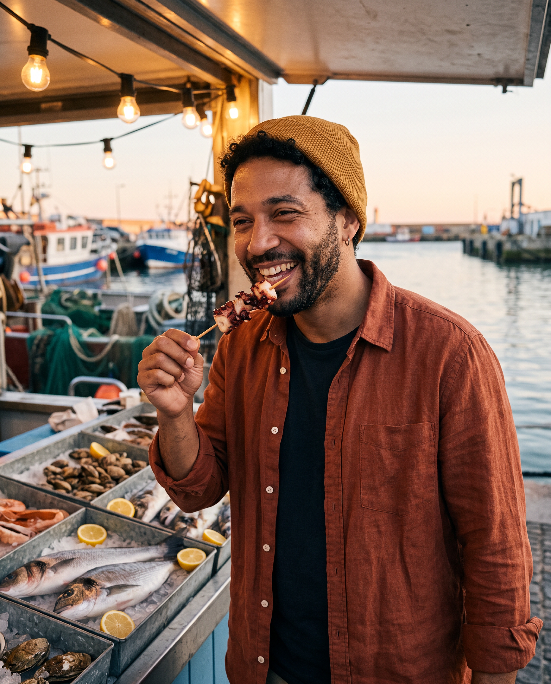 Theo in a rust overshirt laughs as he tastes a grilled octopus skewer at a harbor fish stall
