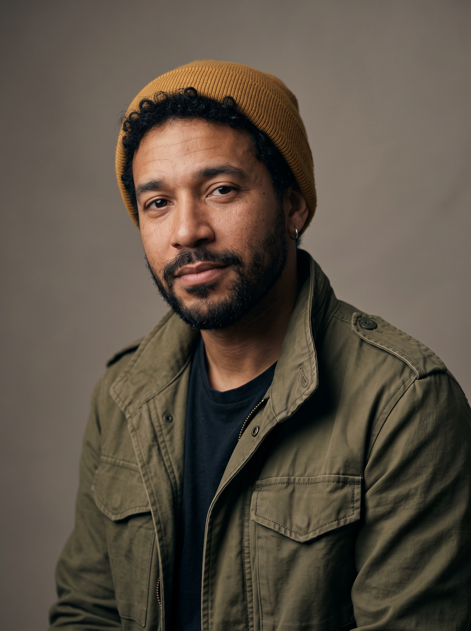 Studio portrait of Theo: mustard beanie, curly black hair, short beard, silver earring and olive field jacket