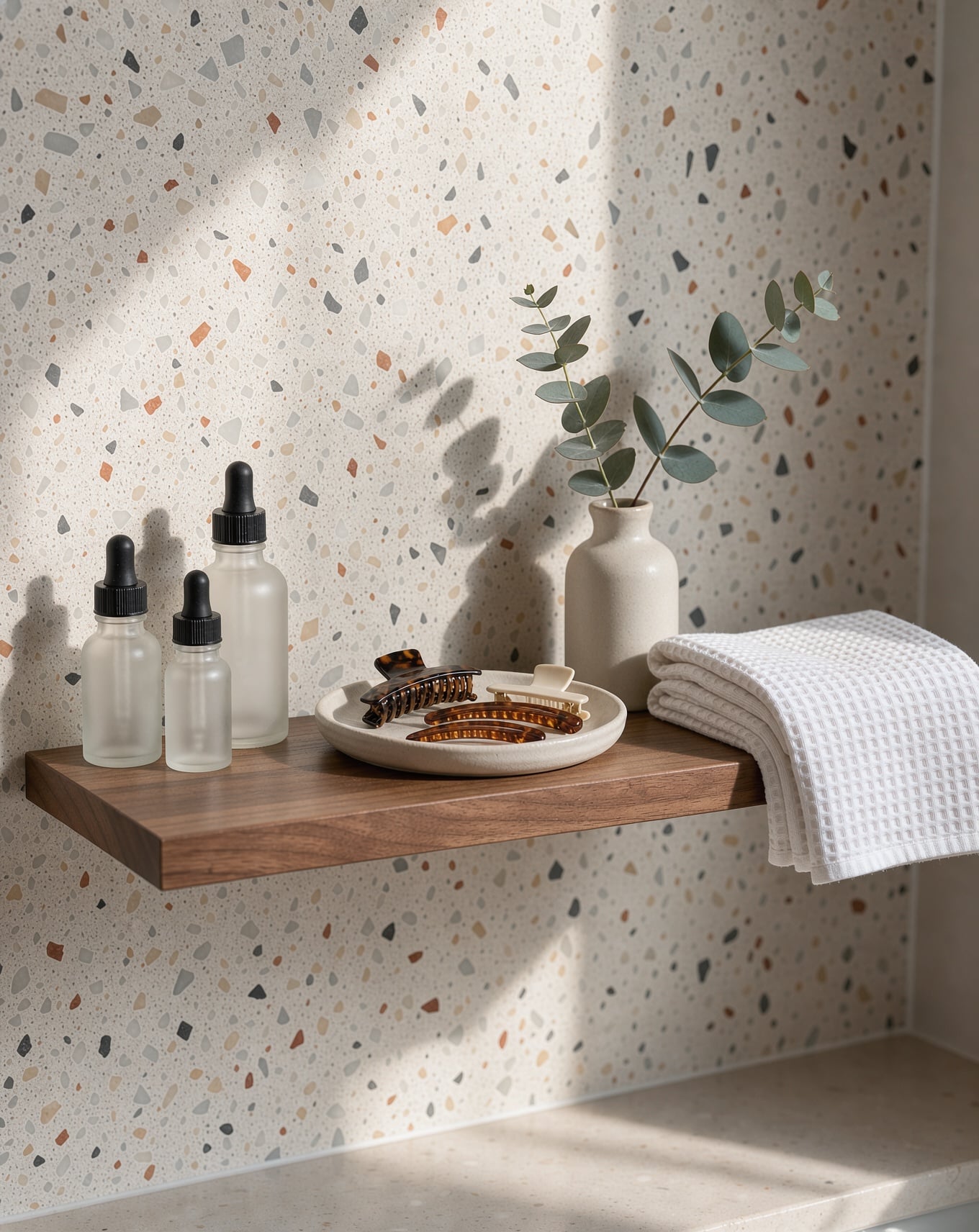 A walnut shelf in a sunlit bathroom with frosted dropper bottles, hair clips, a eucalyptus sprig and a waffle towel against terrazzo