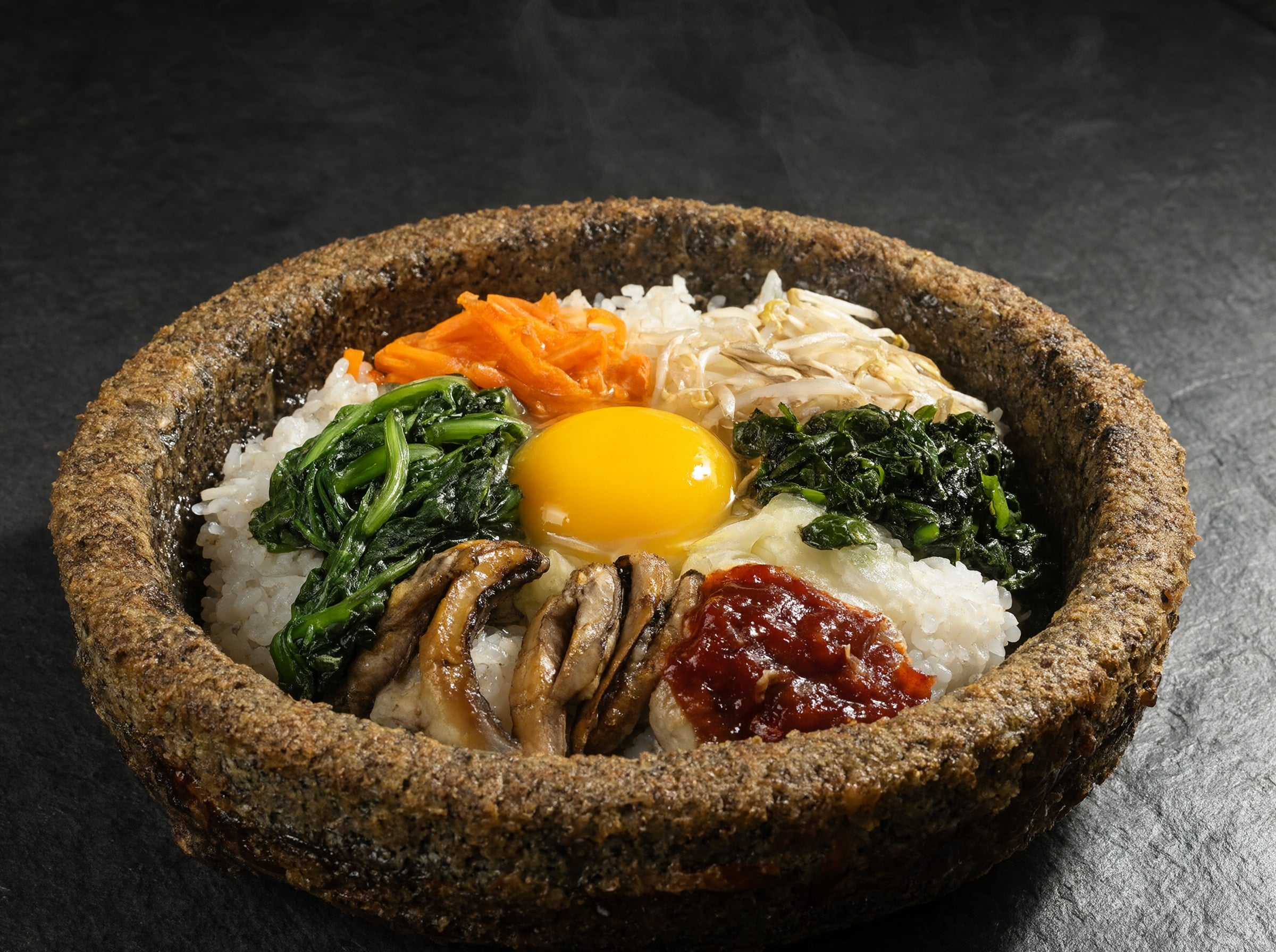 A stone bowl of bibimbap with a raw egg yolk in the center, spinach, carrots, mushrooms and red chili paste on a dark slate table