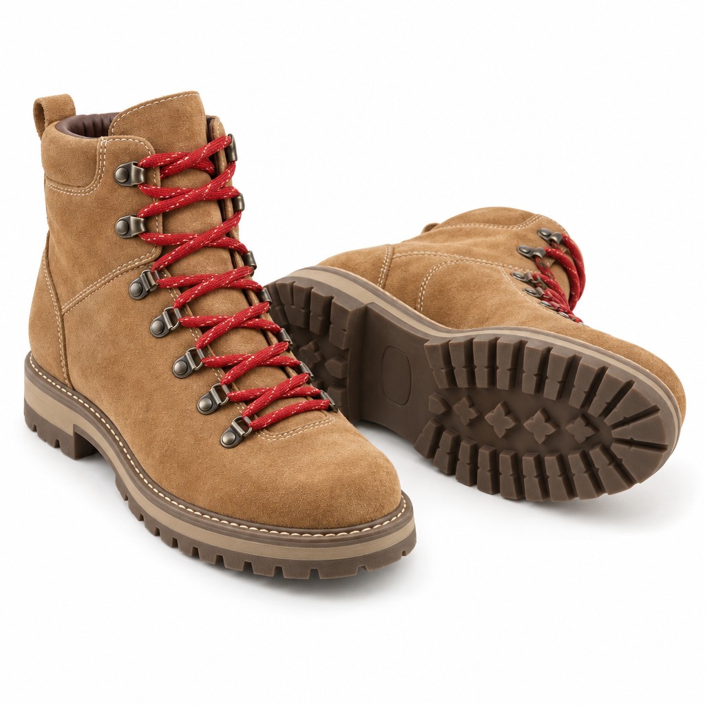 Two tan suede hiking boots with red laces on a white background, one standing and one lying on its side to show the lug sole
