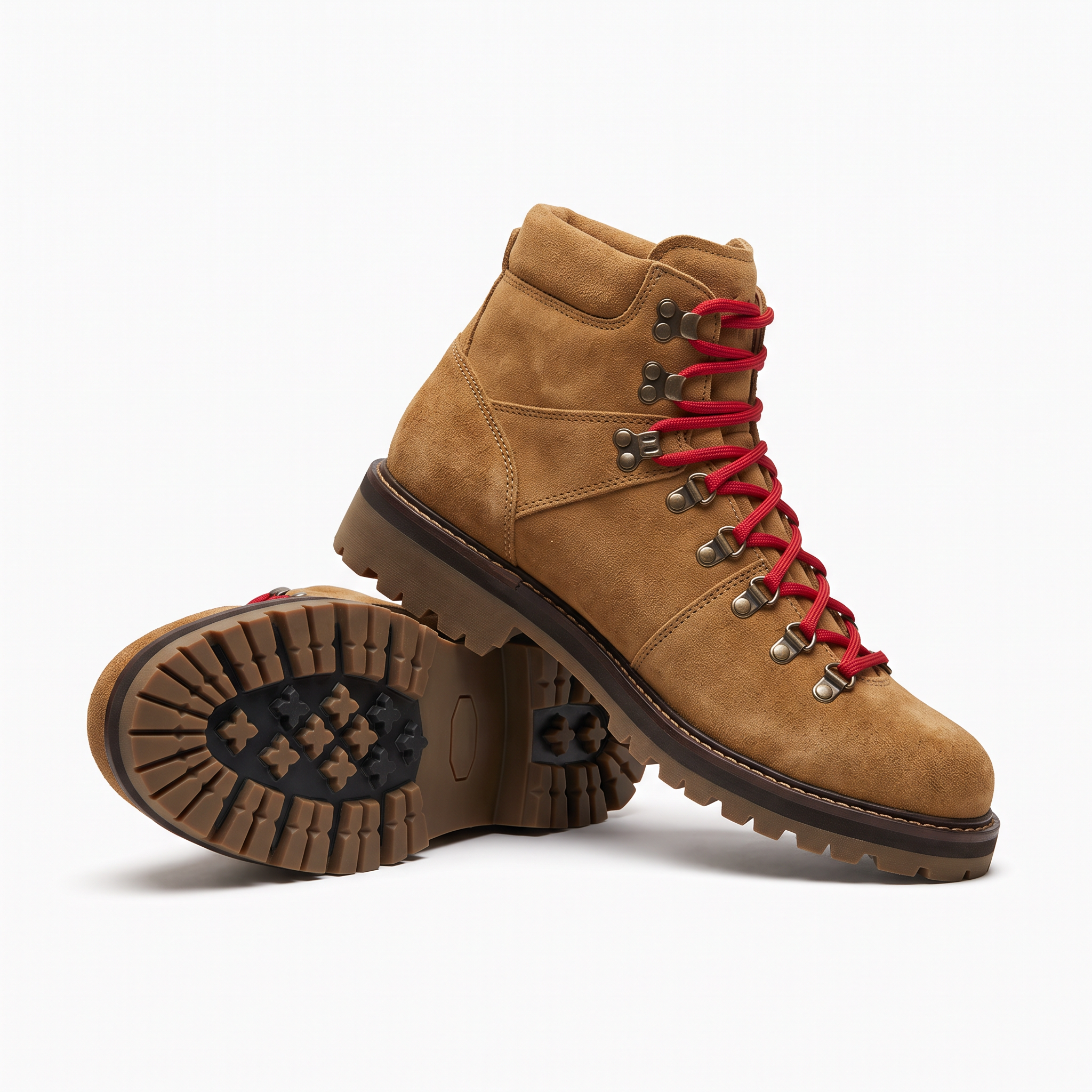 Nano Banana 2.1: one boot standing, one tipped back to show the dark lug sole