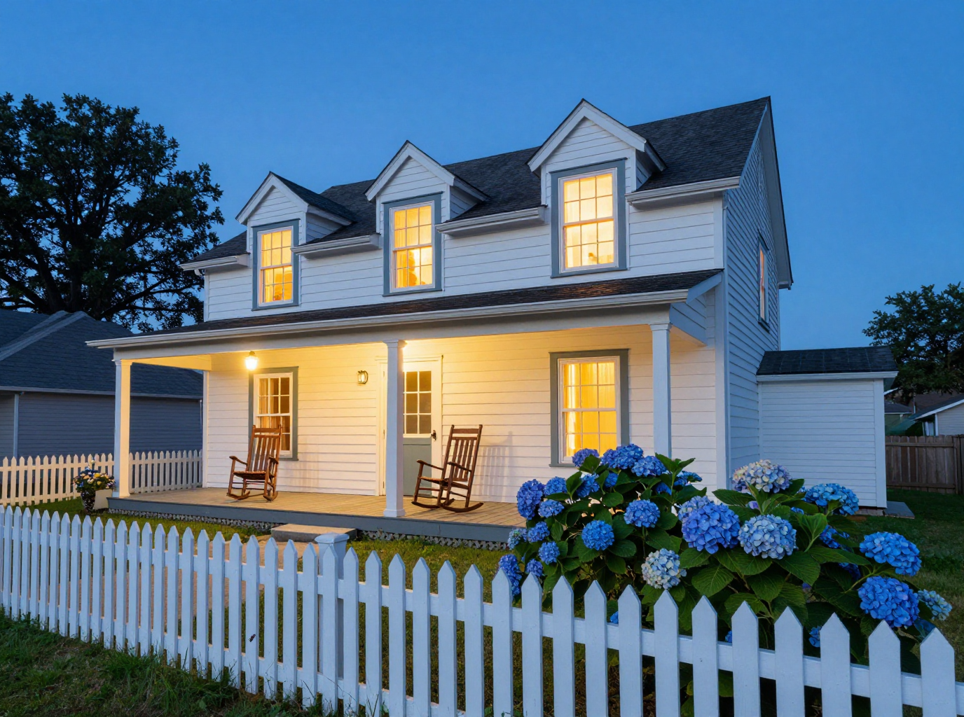 A white clapboard cottage at twilight with glowing windows, a lit porch with two rocking chairs, a picket fence and blue hydrangeas