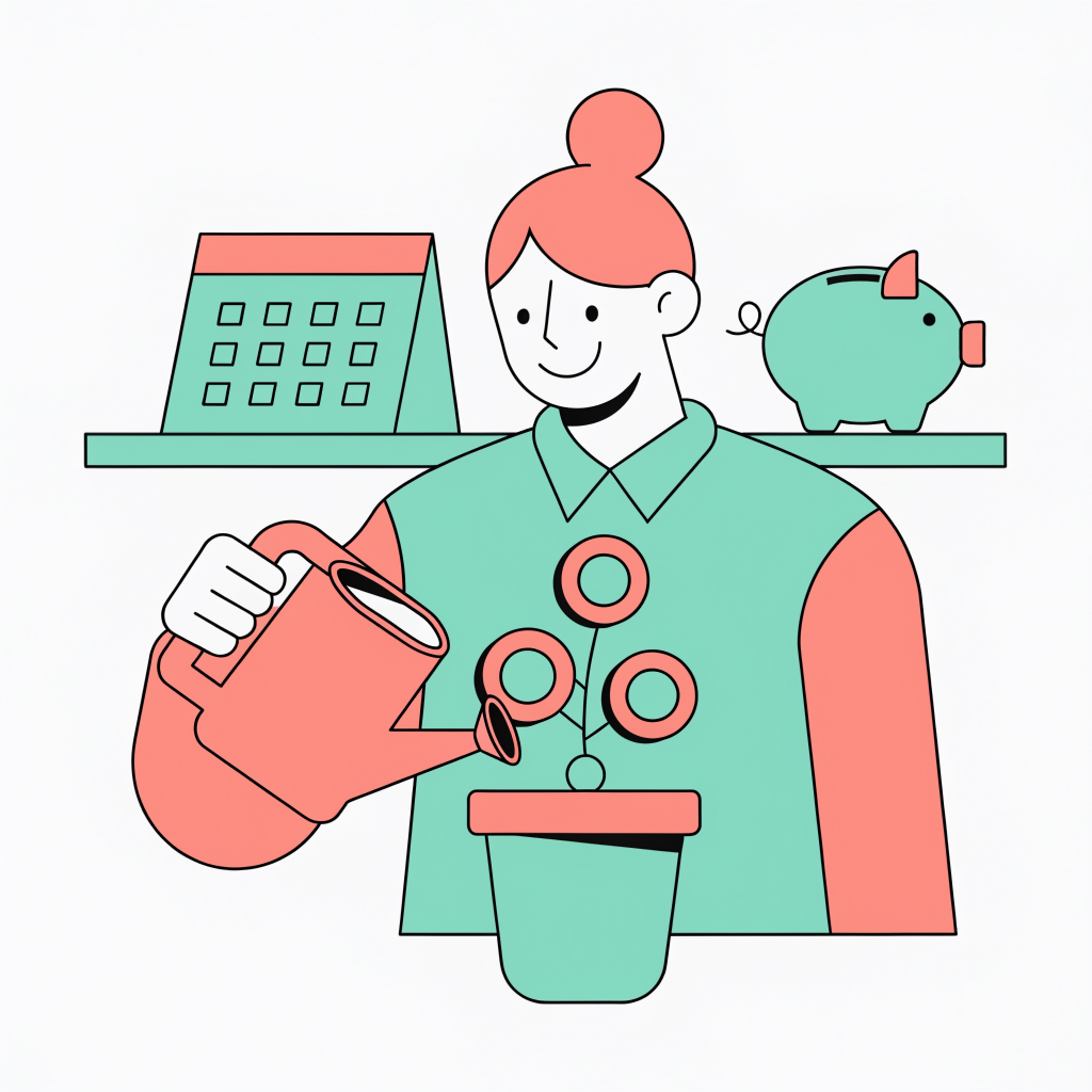 A flat illustration of a smiling person watering a potted plant with coin shaped leaves, a calendar and piggy bank on a shelf