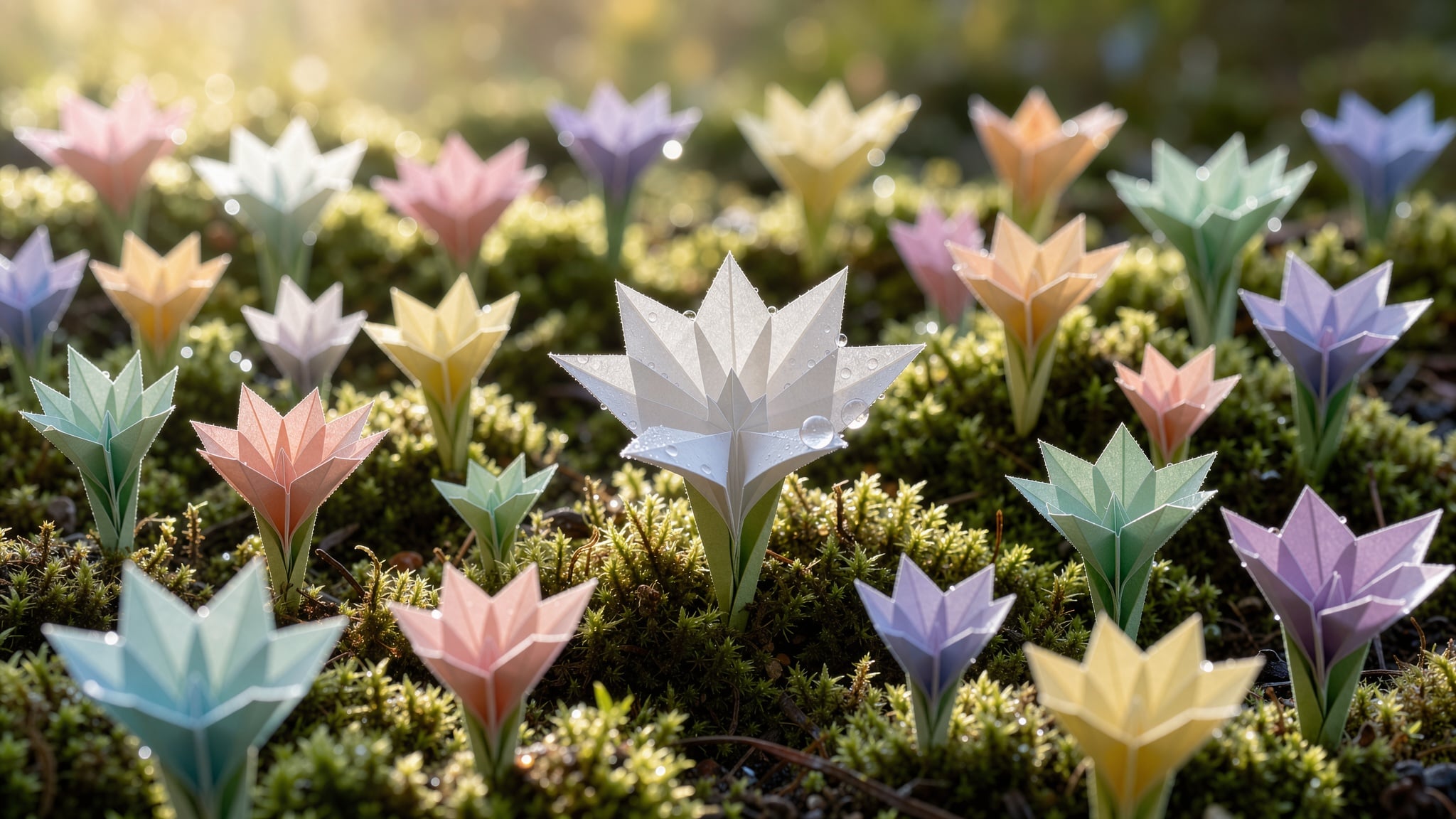 A field of tiny pastel paper flowers growing from moss, with one larger white paper flower in focus