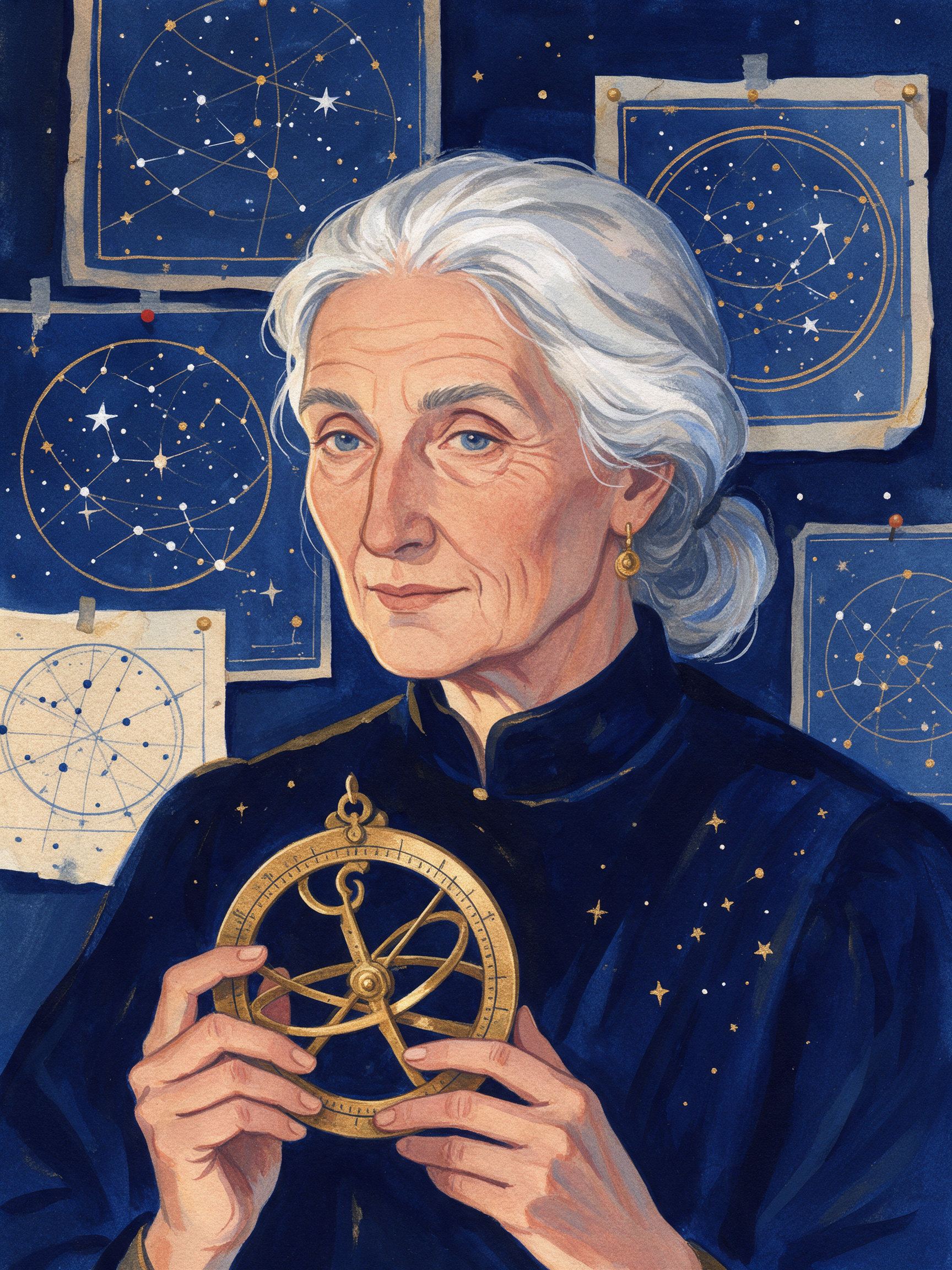 A gouache portrait of an elderly astronomer with silver hair holding a brass astrolabe in front of star charts