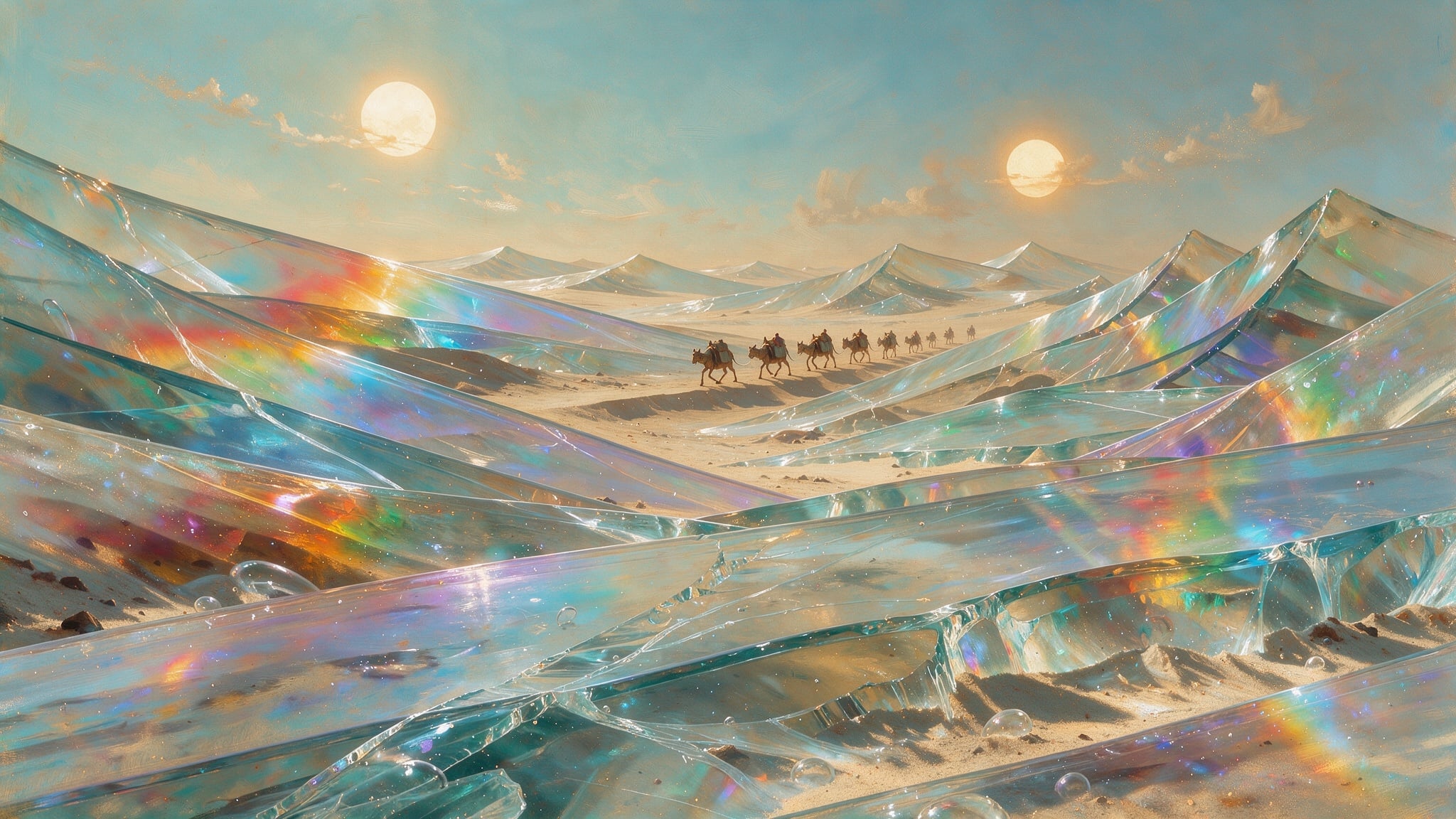 Translucent glass dunes under two pale suns with a small caravan crossing and rainbow light in the sand