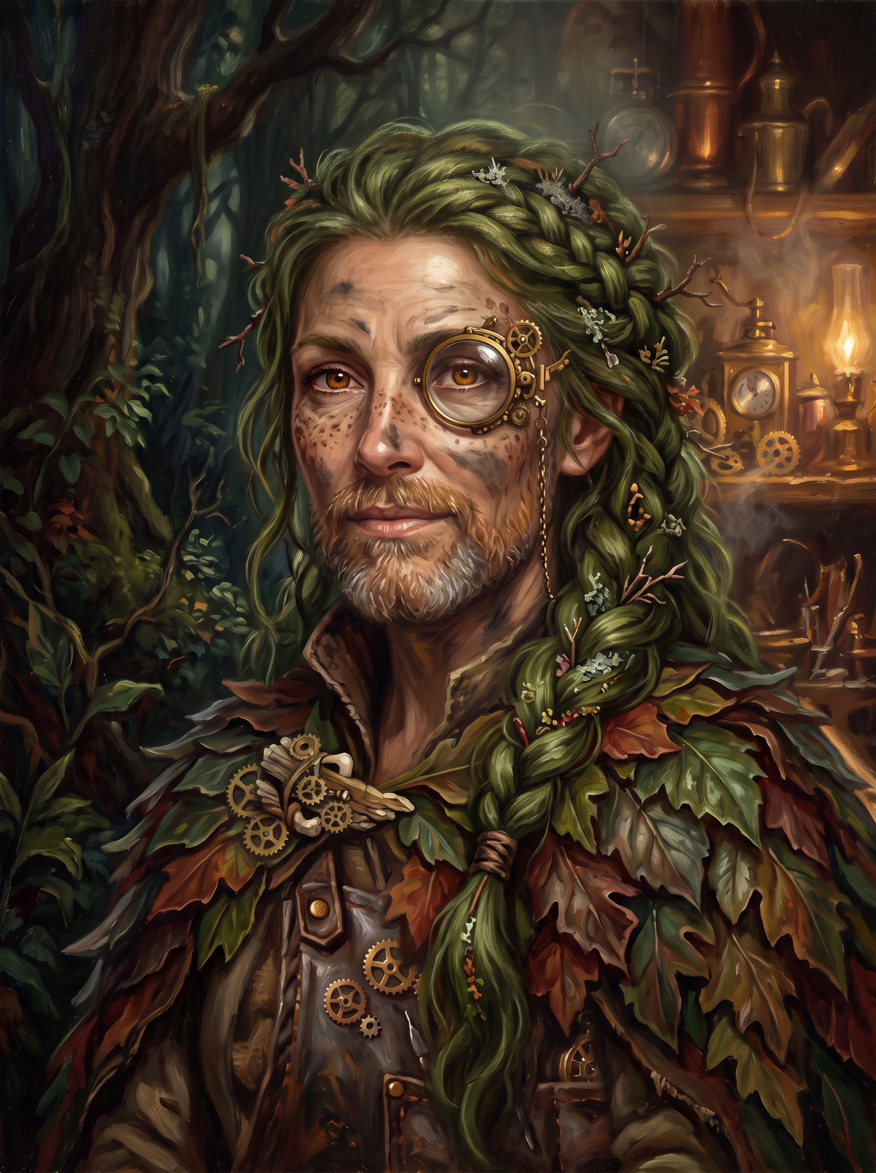 A painted portrait of a new character with green braided hair, a brass monocle, copper stubble and a leaf cloak pinned with small brass gears