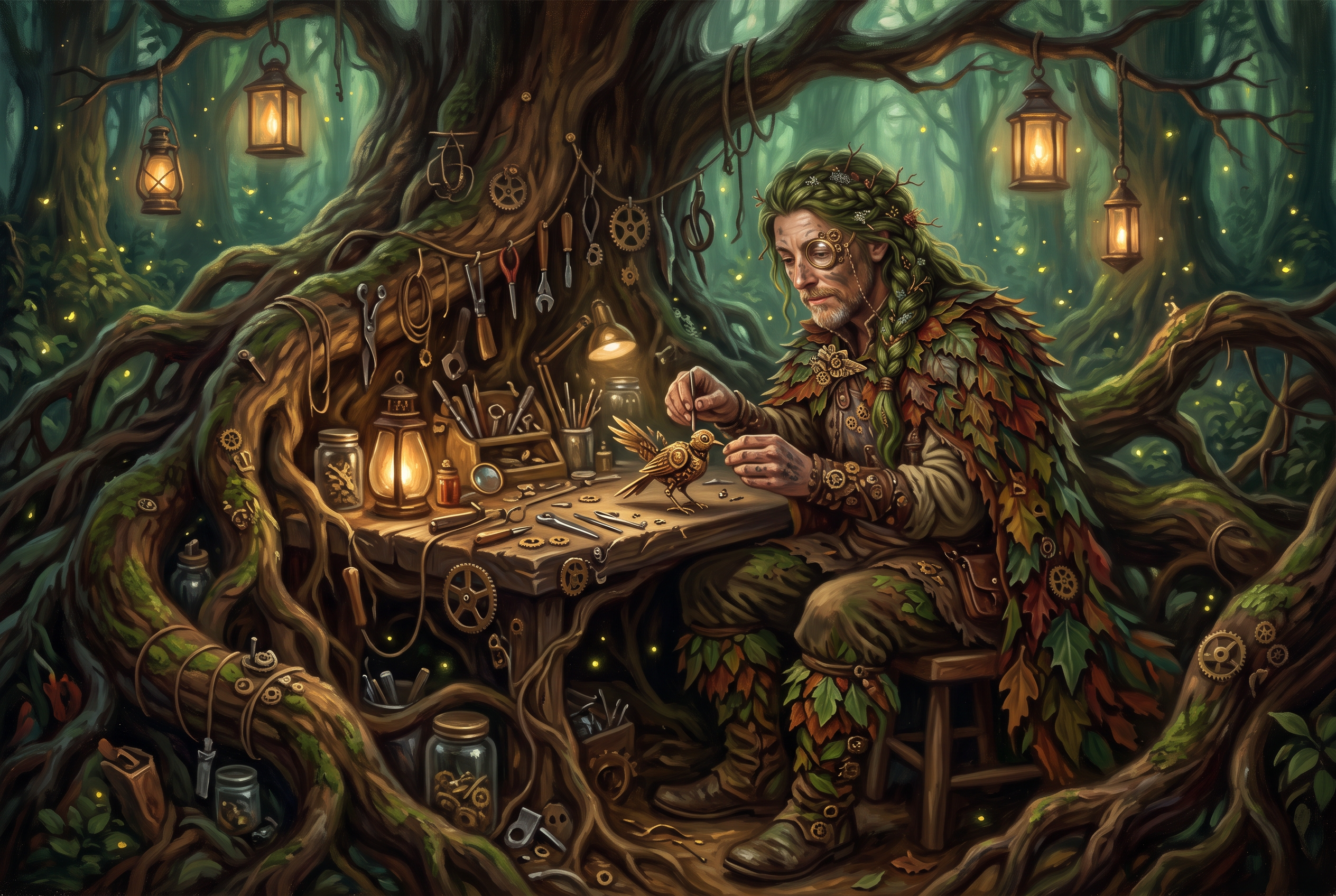 The blend, full body, mends a small brass clockwork bird at a workbench in giant tree roots