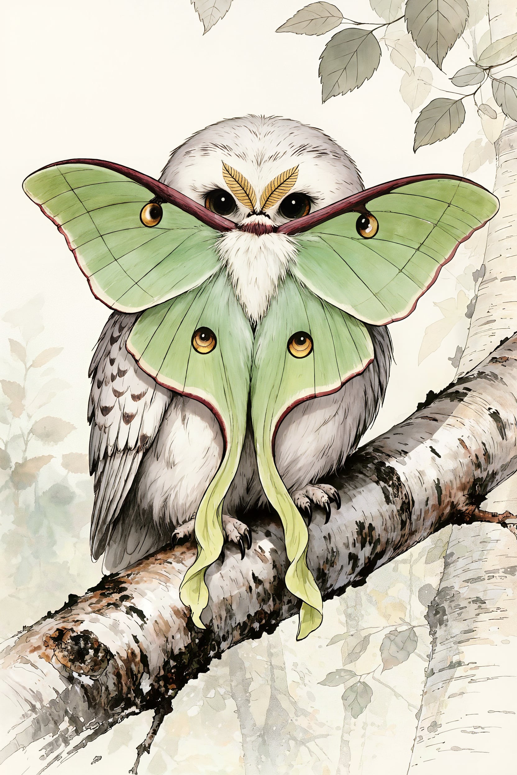 A creature that is half snowy owl and half luna moth perched on a birch branch with pale green wings