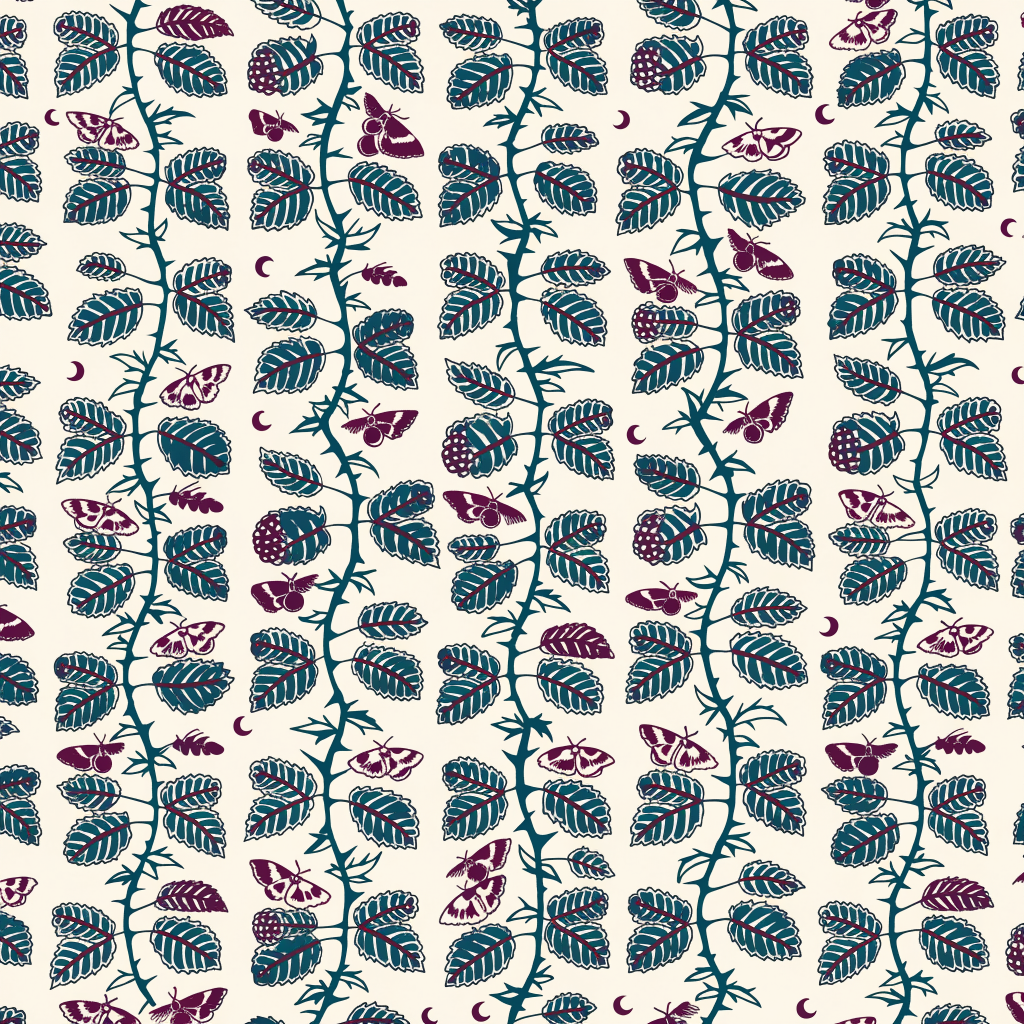 A repeating textile pattern of blackberry brambles and plum moths in teal, plum and cream