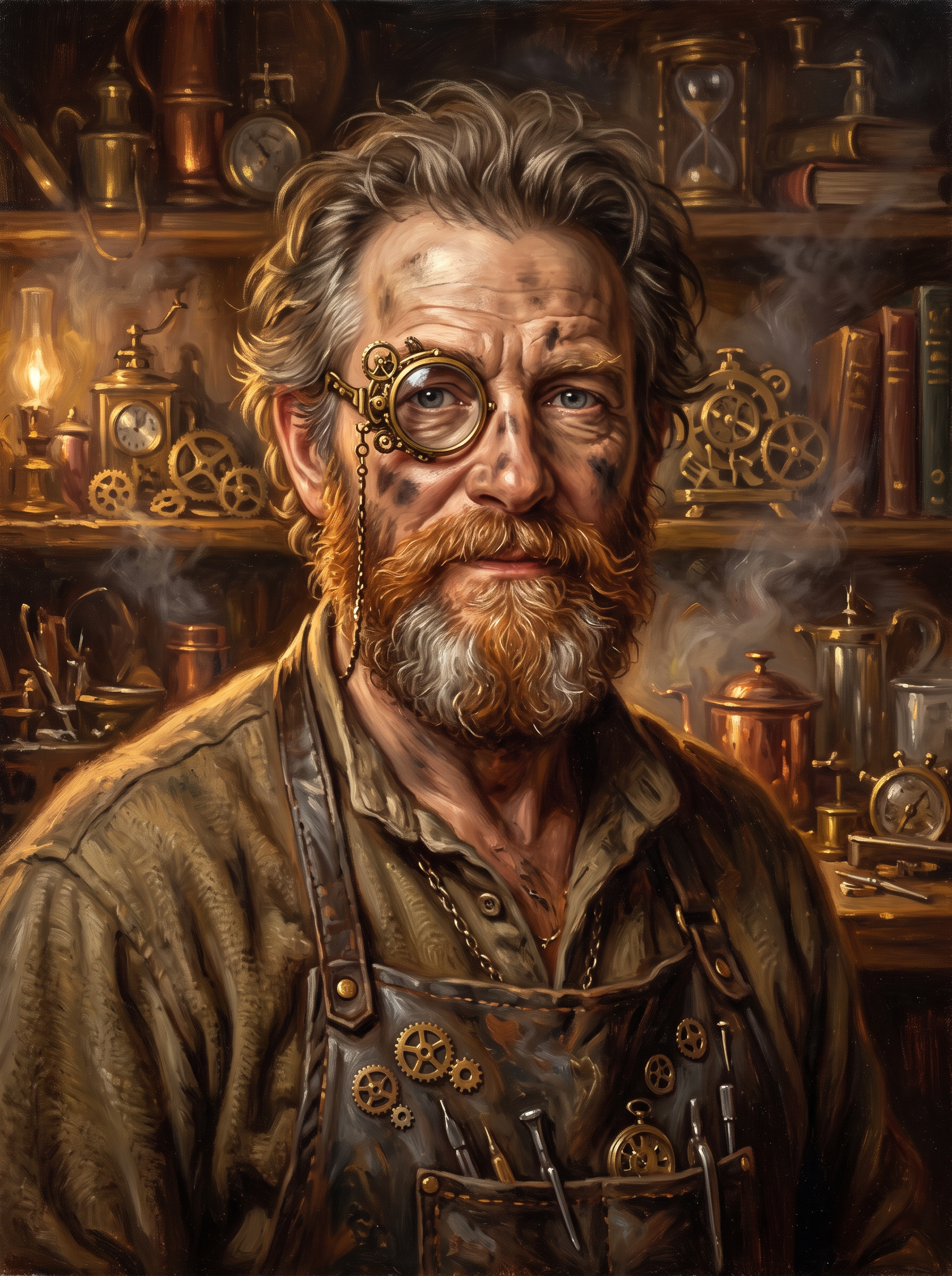 Parent two: a clockwork tinker with a copper beard, brass monocle and leather apron with gears