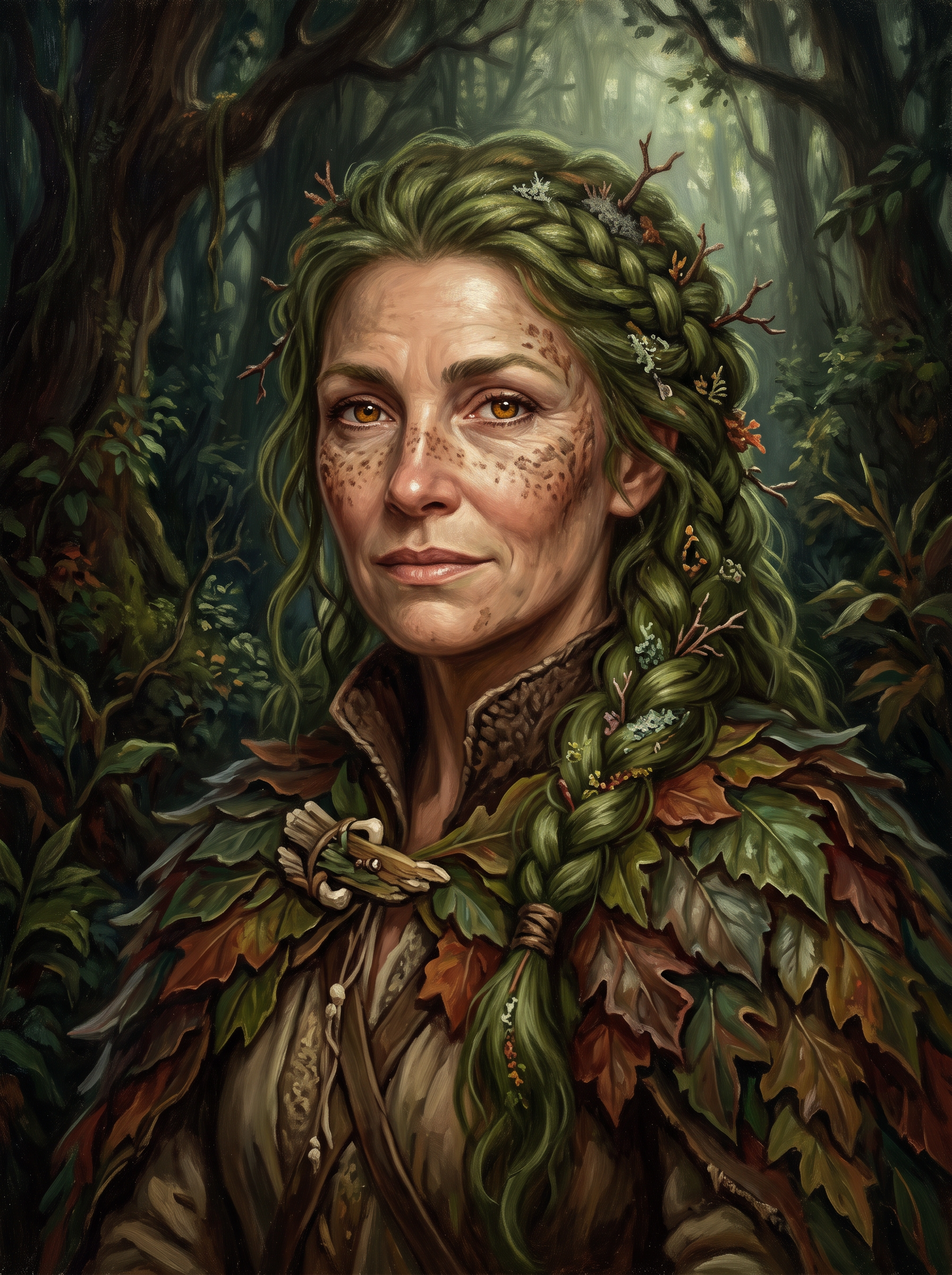 Parent one: a forest warden with moss green braids, freckles and a cloak of leaves