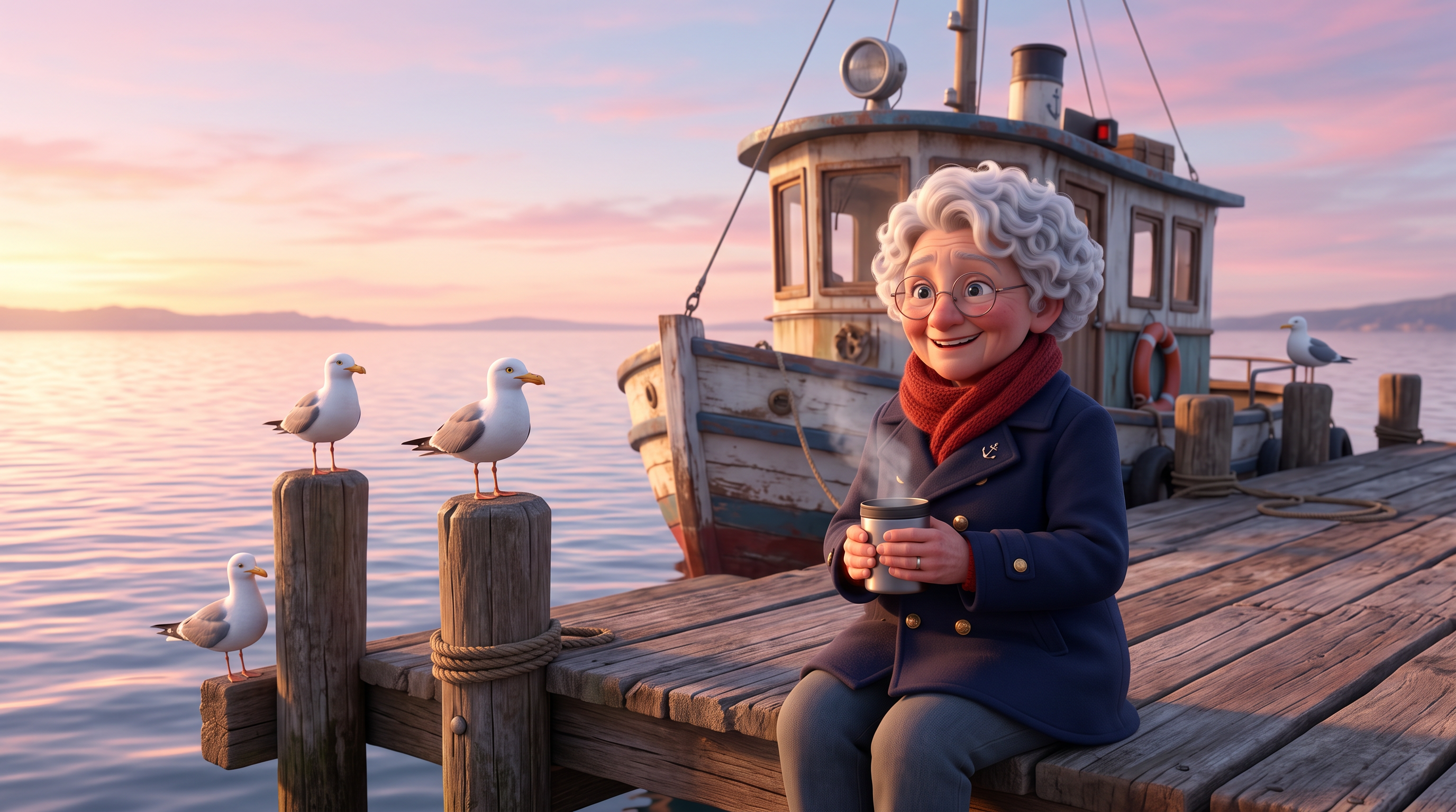 Ada sits on a wooden dock at dawn with a steaming cup and seagulls on the posts beside her