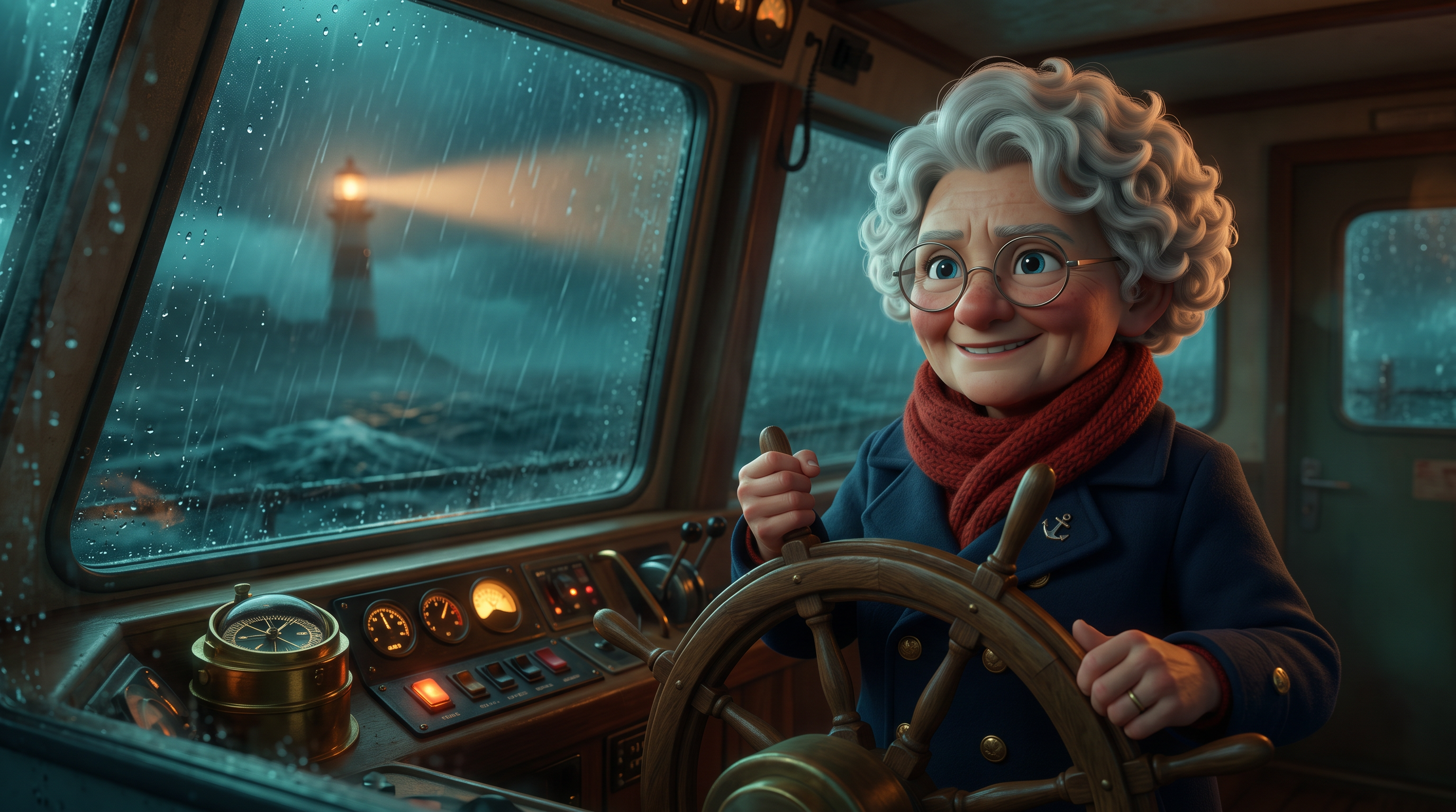 Ada grips the ferry wheel in a rainstorm as a lighthouse beam cuts across the sea outside