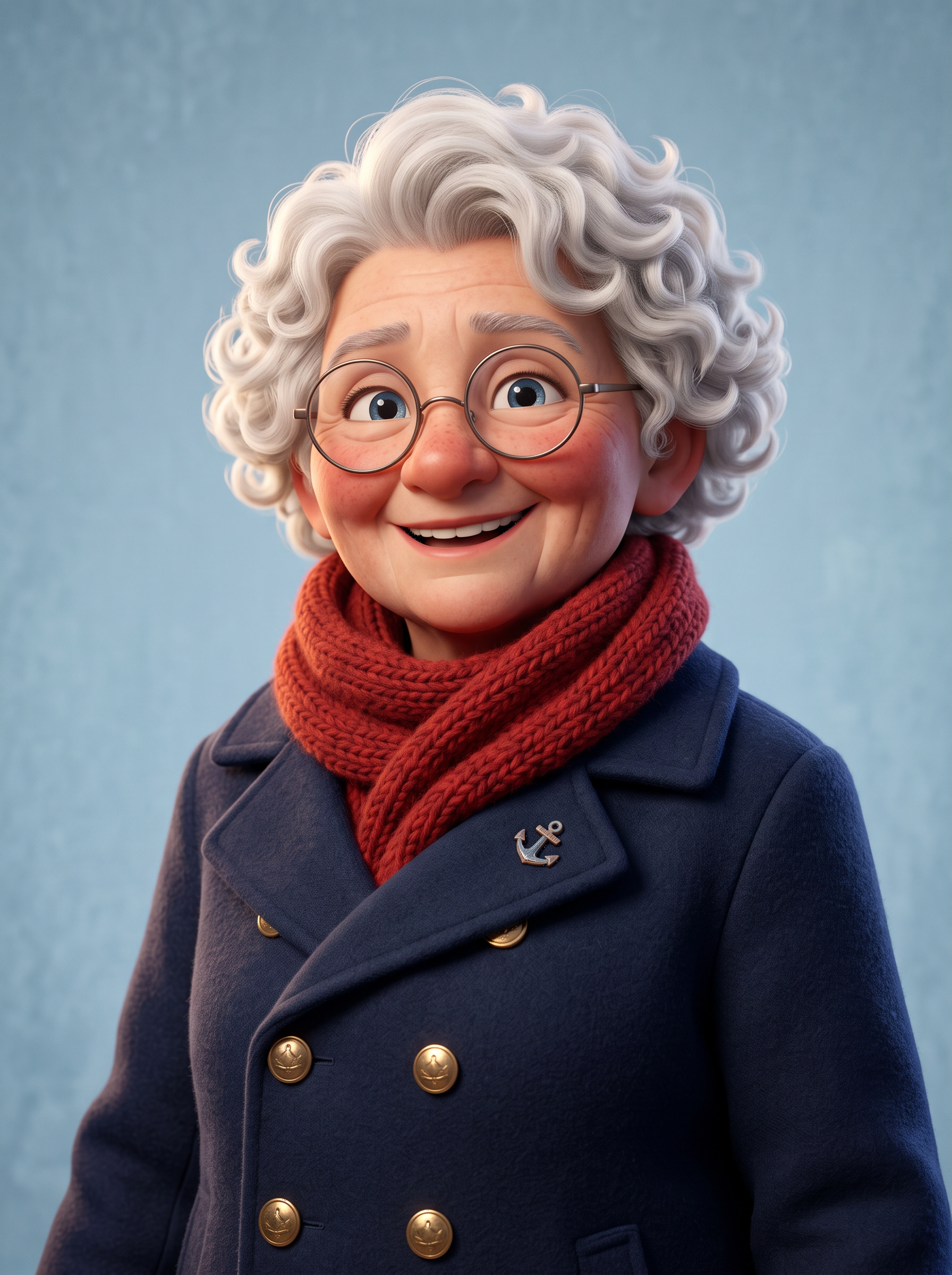 Character sheet portrait of Captain Ada: white curls, round glasses, navy peacoat with brass buttons, red knit scarf