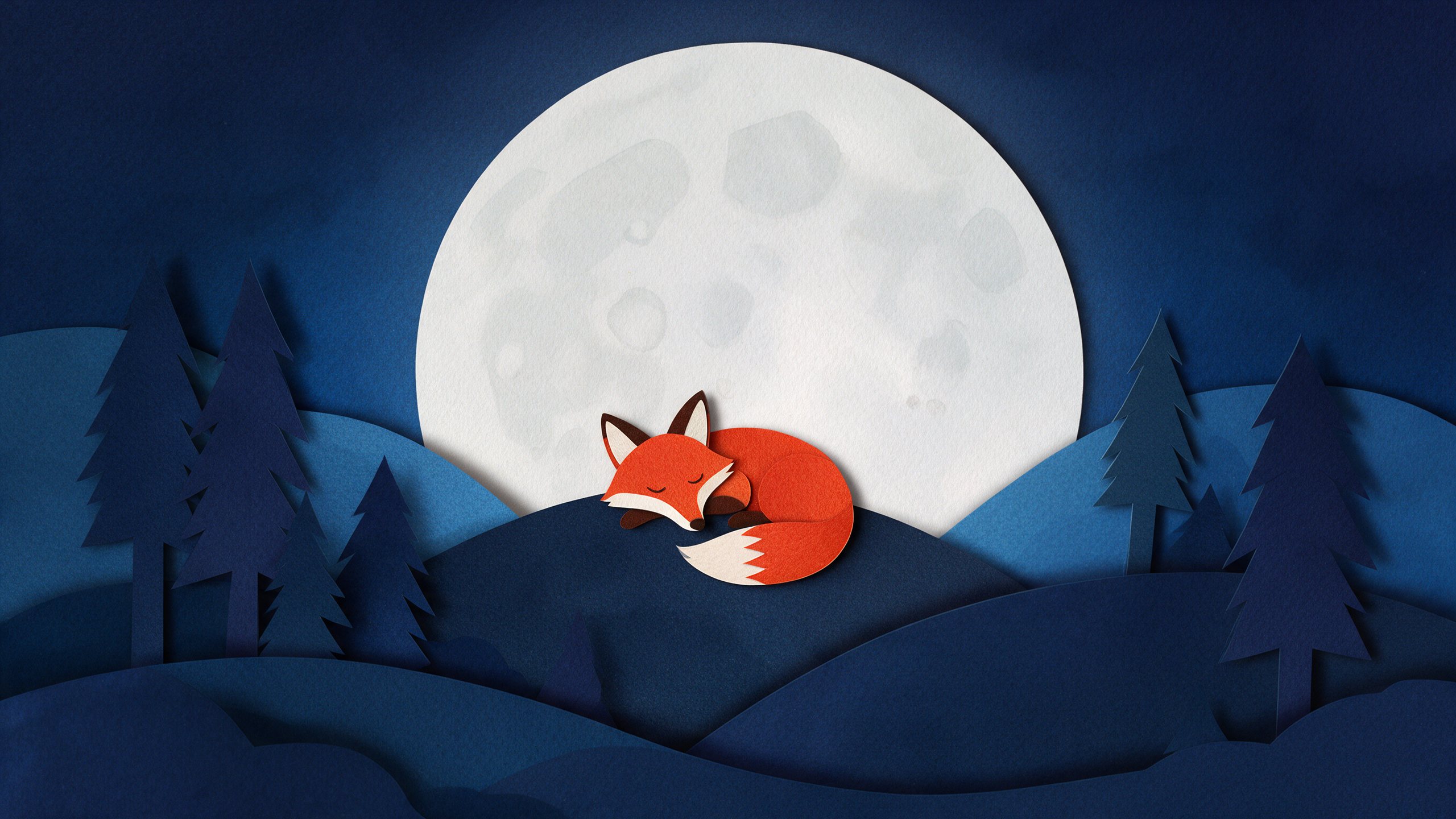 A red paper cut fox sleeps on a blue hill under a huge pale moon between paper pine trees
