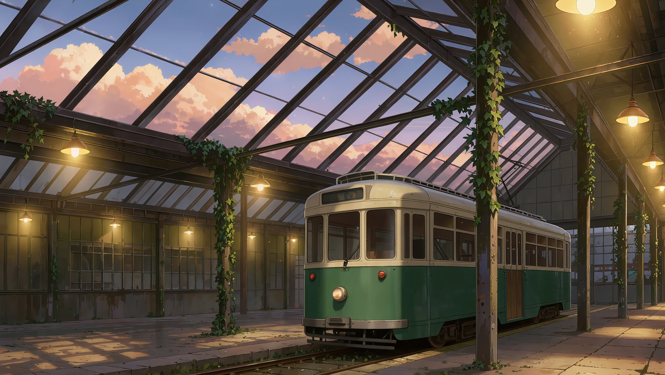 An anime background of a green tram under a glass roof with ivy on the beams and warm lamps at dusk