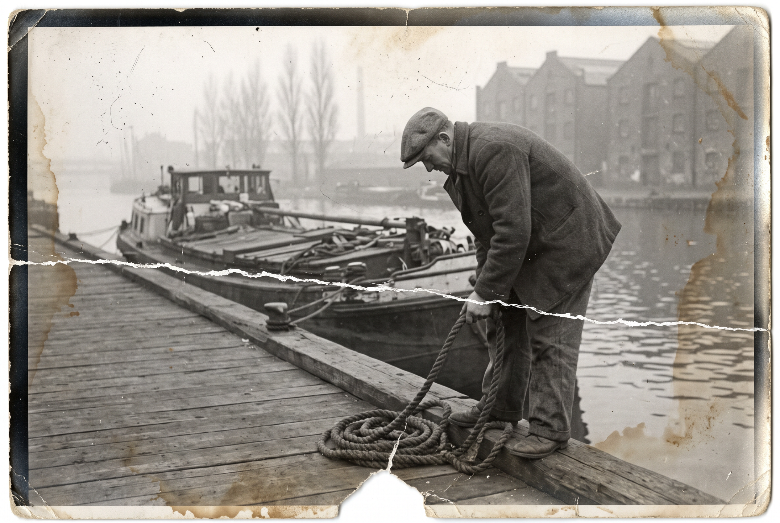 The damaged original: a dock worker coils rope by a canal barge, with a long tear, brown stains and a missing corner