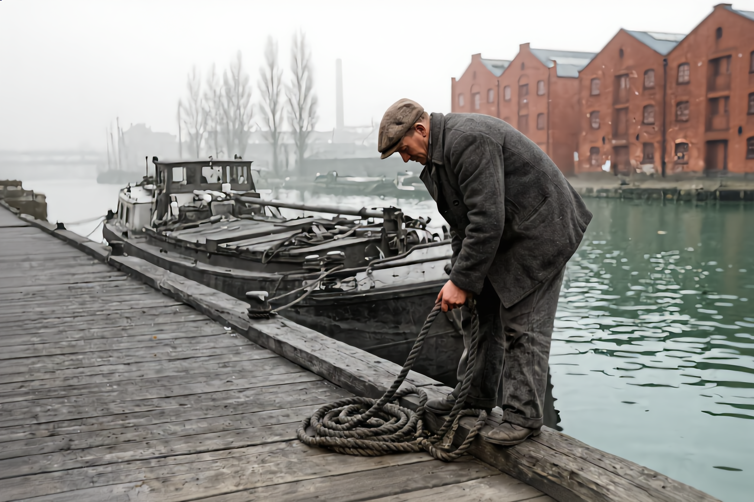 Kling Image Edit: the tear and stains removed, with soft, muted color and a barge left mostly grey