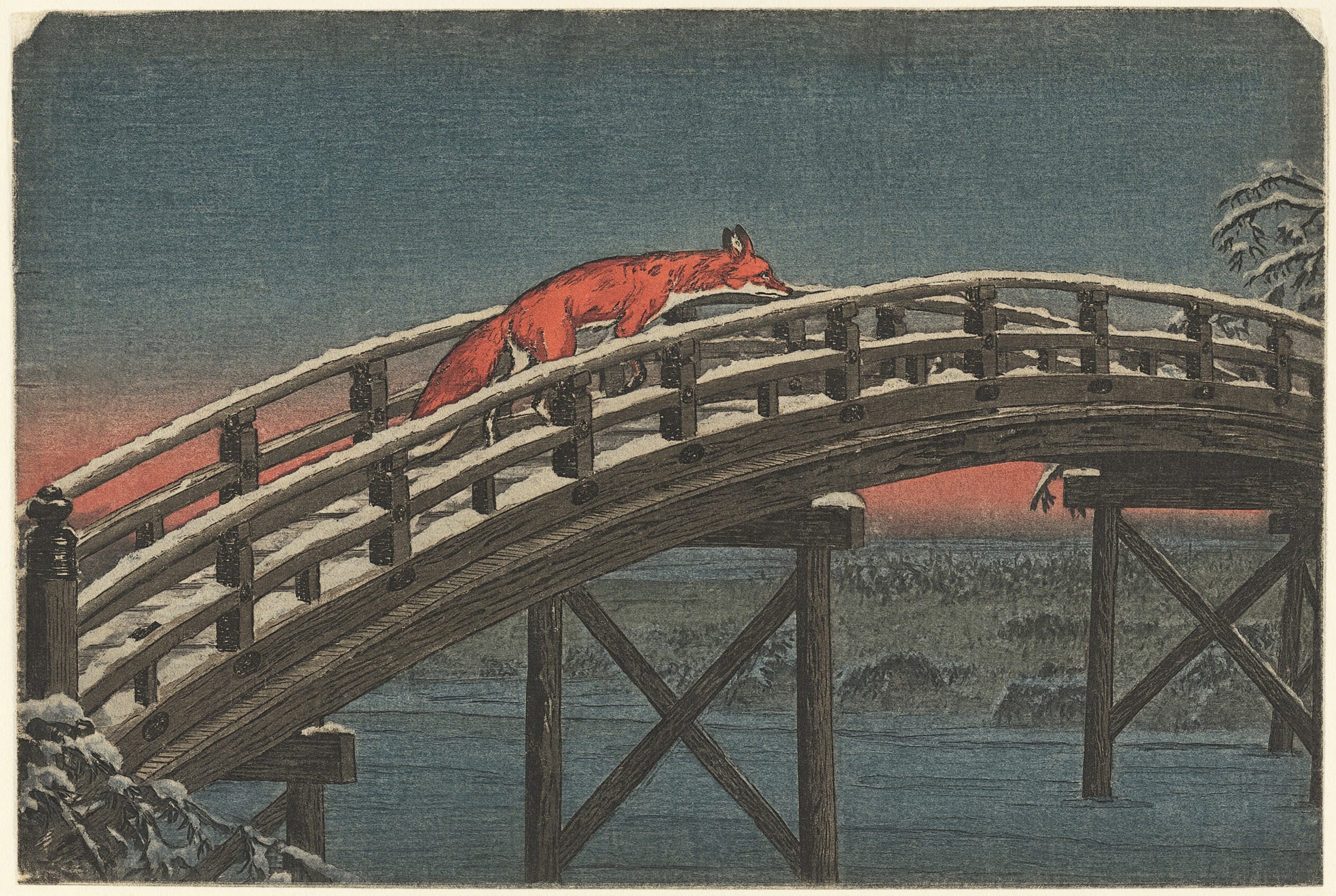 A Japanese woodblock print of a red fox crossing a snowy arched bridge over a frozen stream
