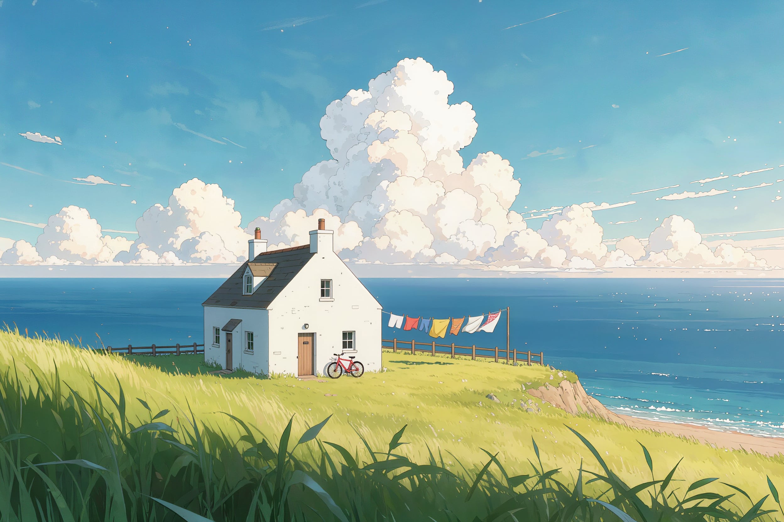 Anime background art of a white cottage on a windy headland with laundry on the line and a red bicycle