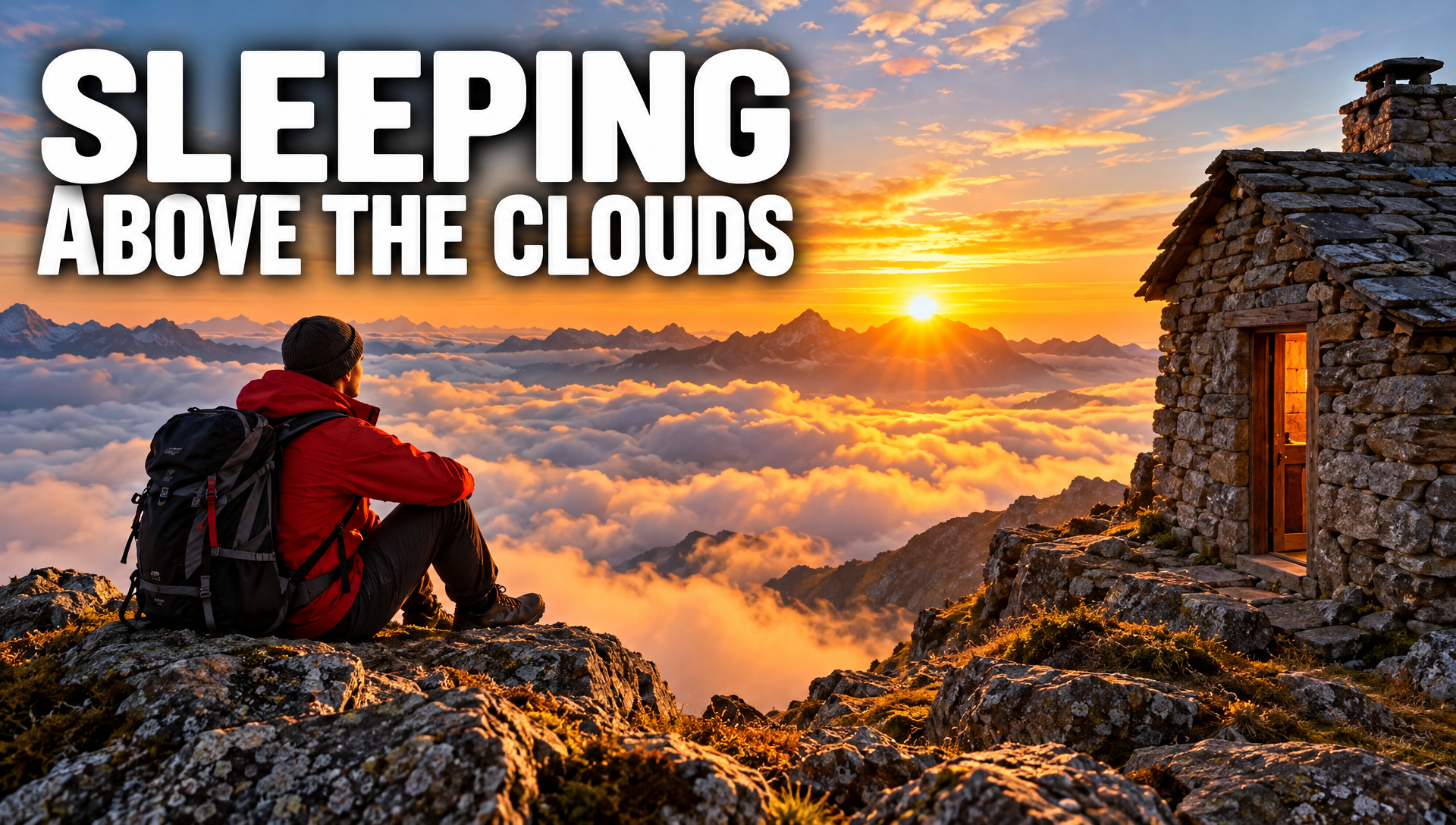 A video thumbnail reading SLEEPING ABOVE THE CLOUDS with a hiker in a red jacket beside a stone hut over a sea of clouds
