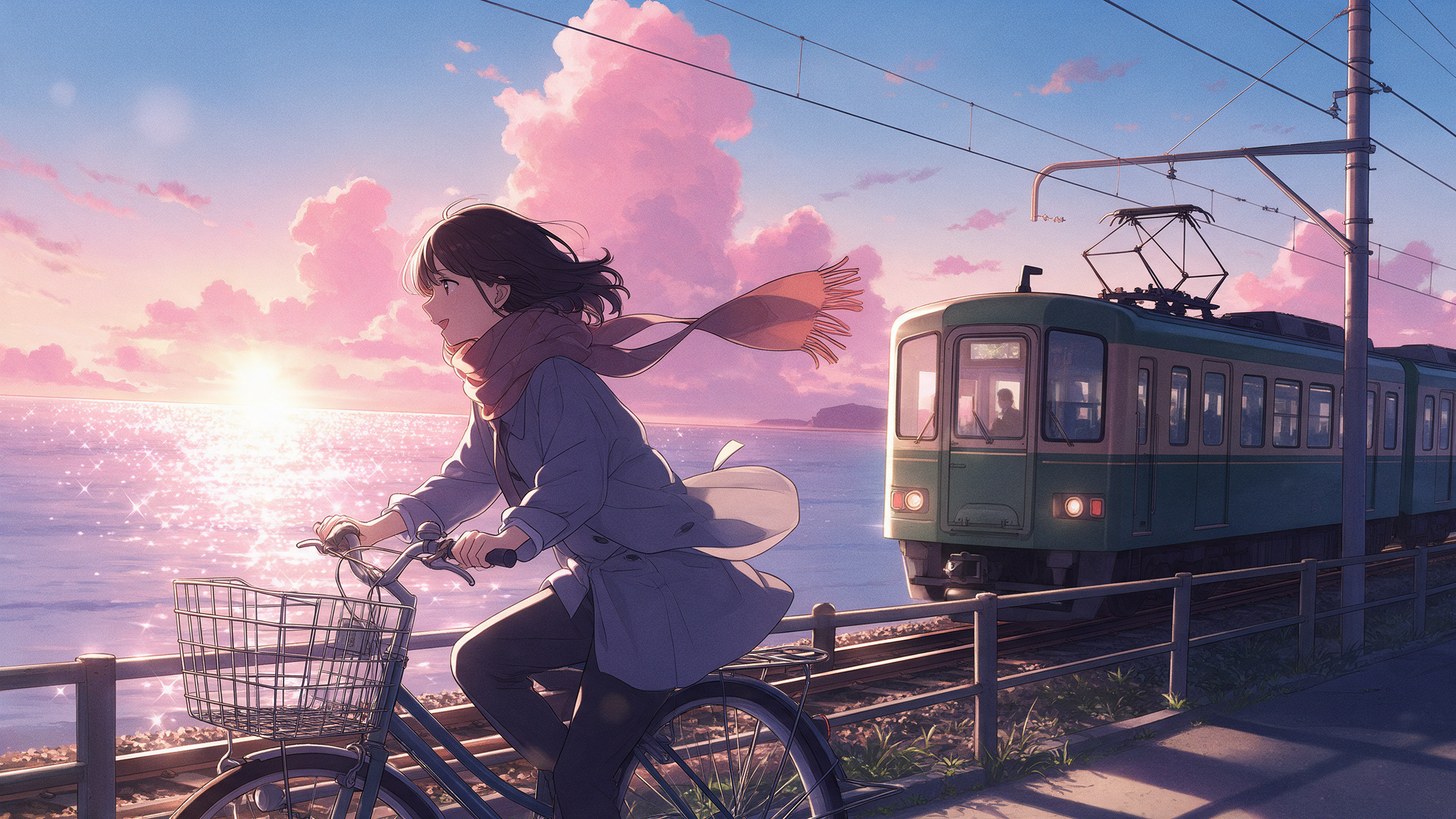 Anime key visual of a woman on a bicycle beside a seaside railway at sunset as a green train passes under pink clouds