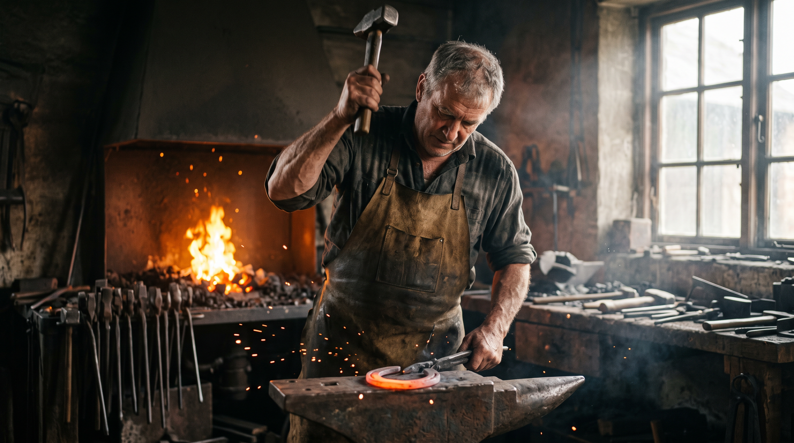 The start frame: a blacksmith raises a hammer over a glowing horseshoe in a dim smithy with a coal fire behind him