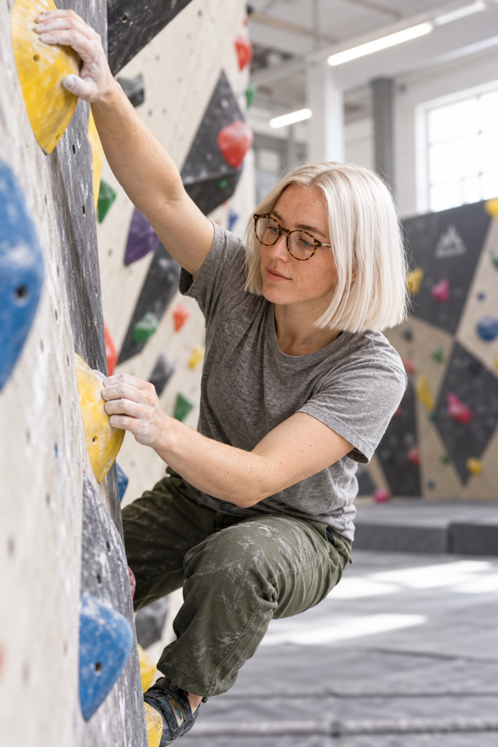 GPT Image 2.5 from the reference: the same woman in a grey t-shirt reaches for a yellow hold on a bouldering wall