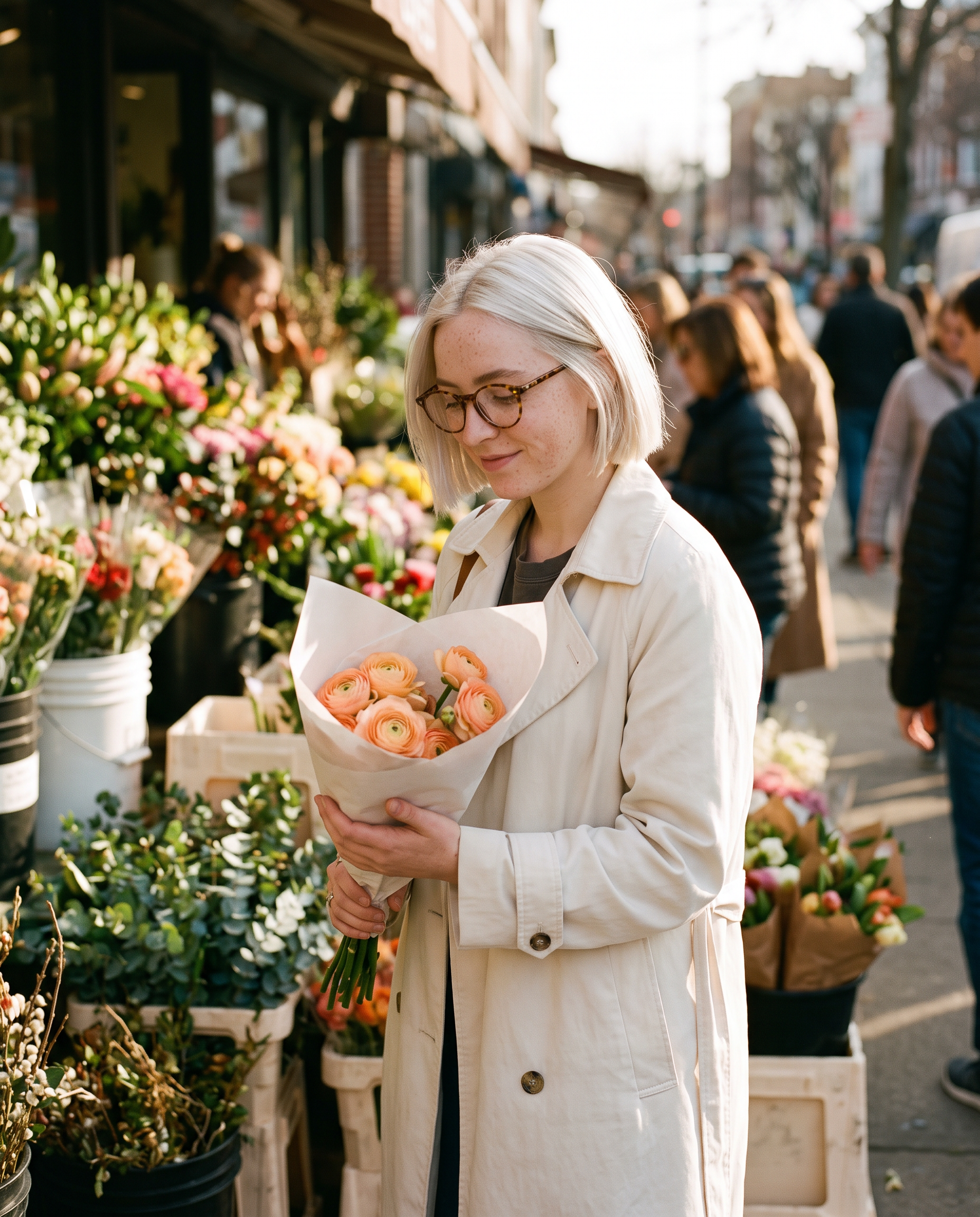 Nano Banana 2.1 from the reference: the same woman in a cream trench coat holds peach ranunculus at a flower market